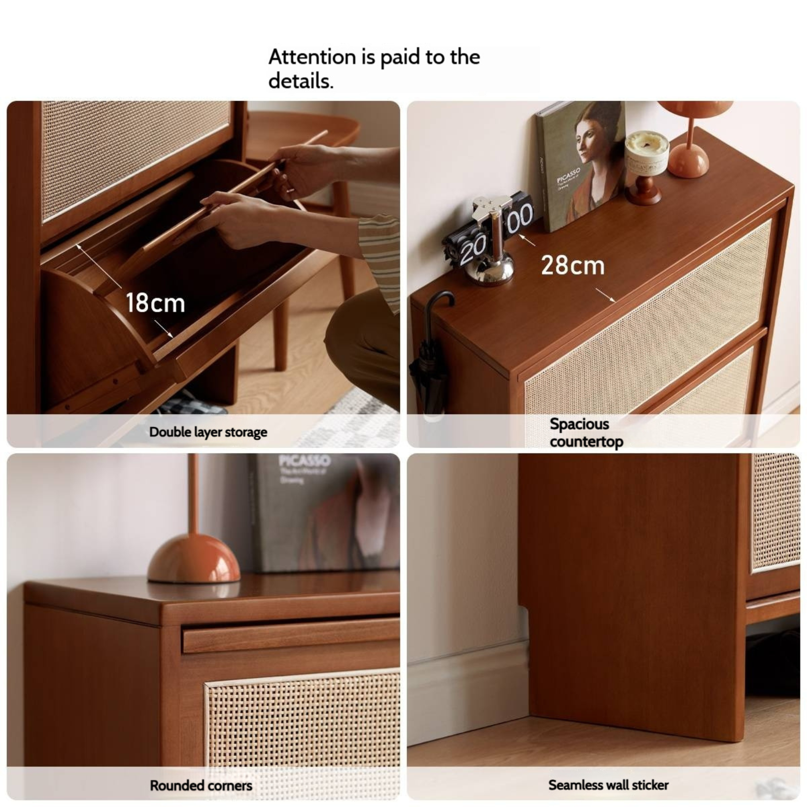 Tulipwood Solid Wood Rattan Shoe Cabinet Antique Style