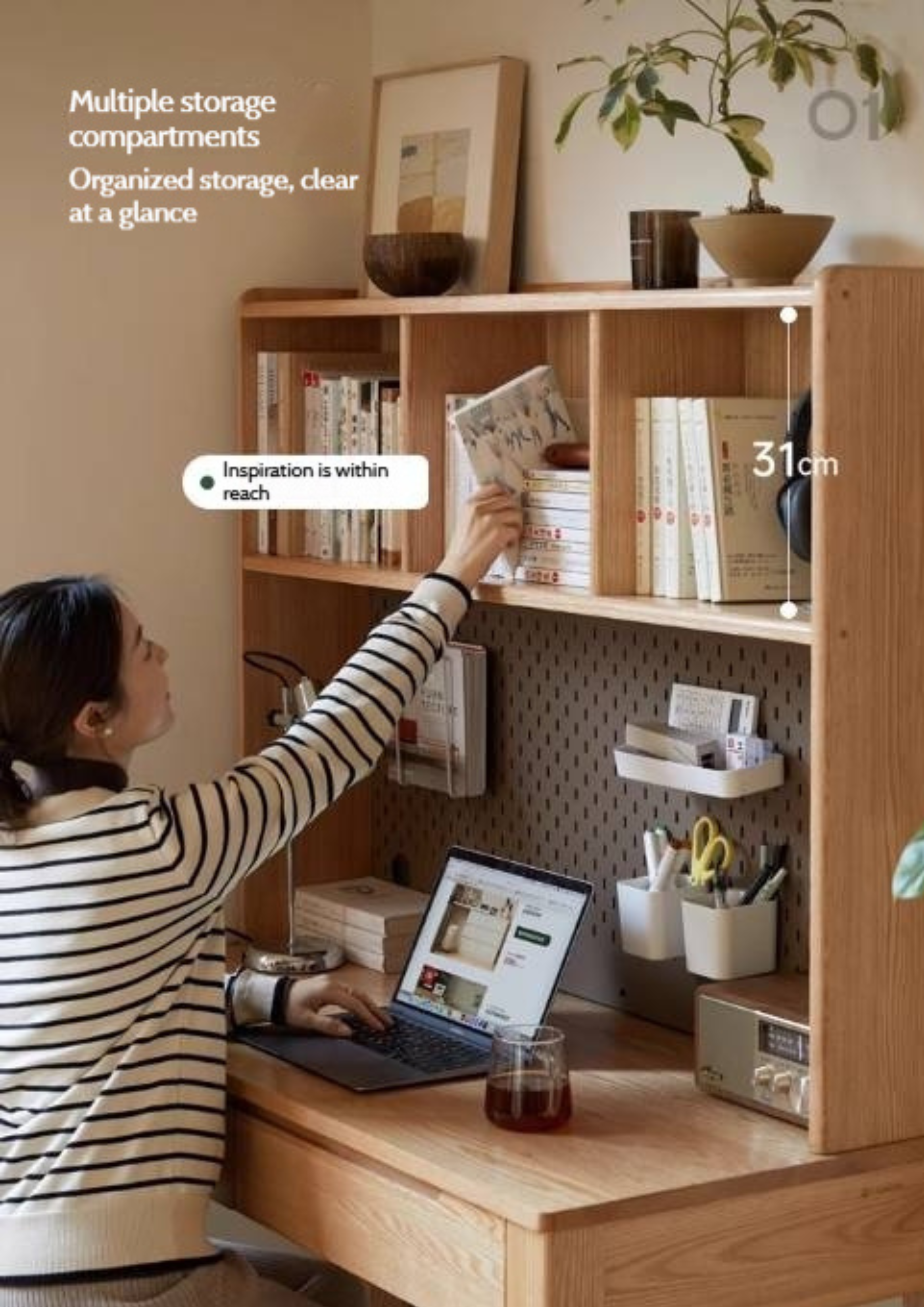 Oak Solid Wood Office Desk and Bookshelf Integrated