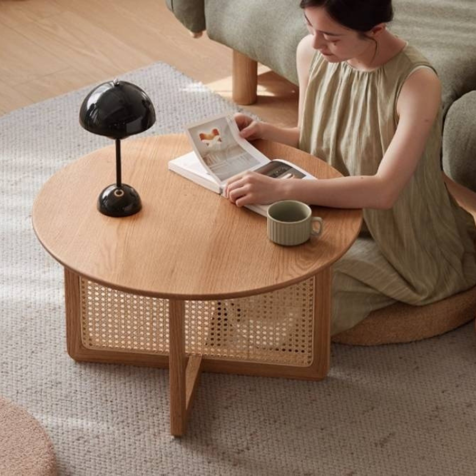 Oak Solid Wood Modern Rattan Coffee Table
