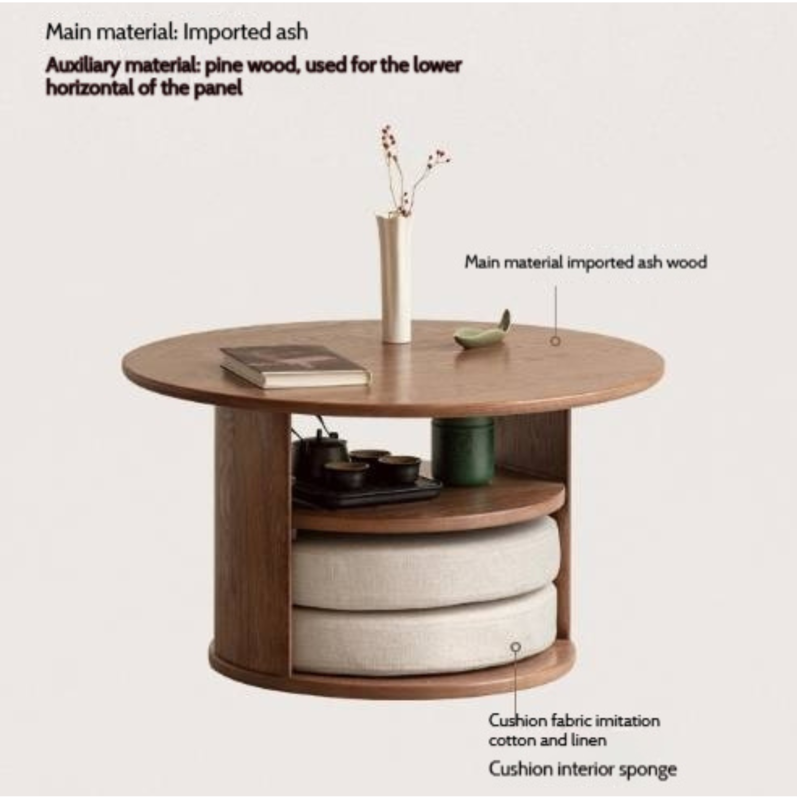 Ash Solid Wood Dual Use Round Tea Table