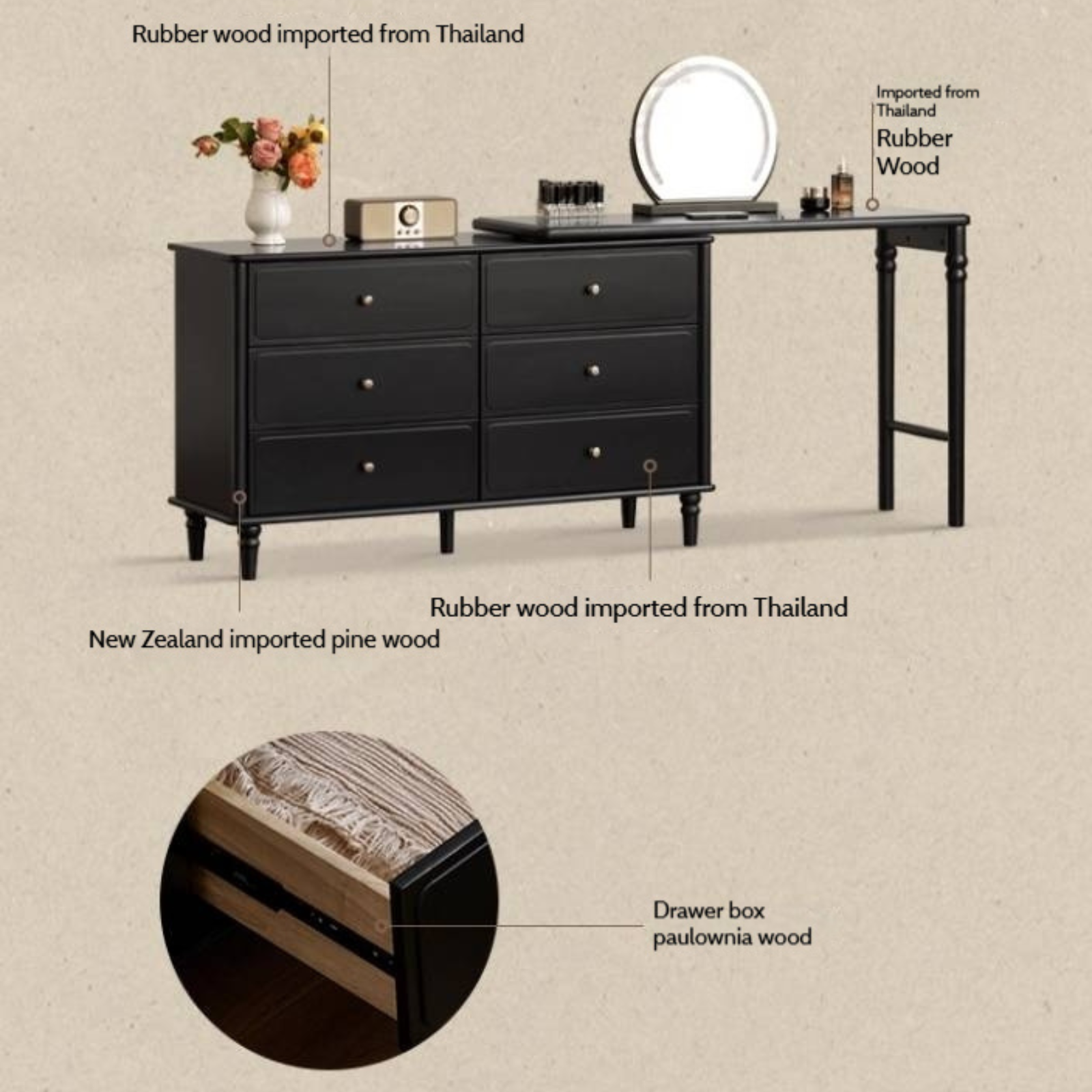 Solid Rubberwood French Retro Makeup Table