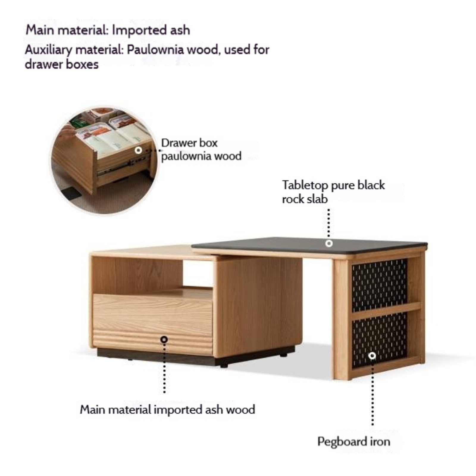 Beech Solid Wood Removable Rock Plate Telescopic Tea Table