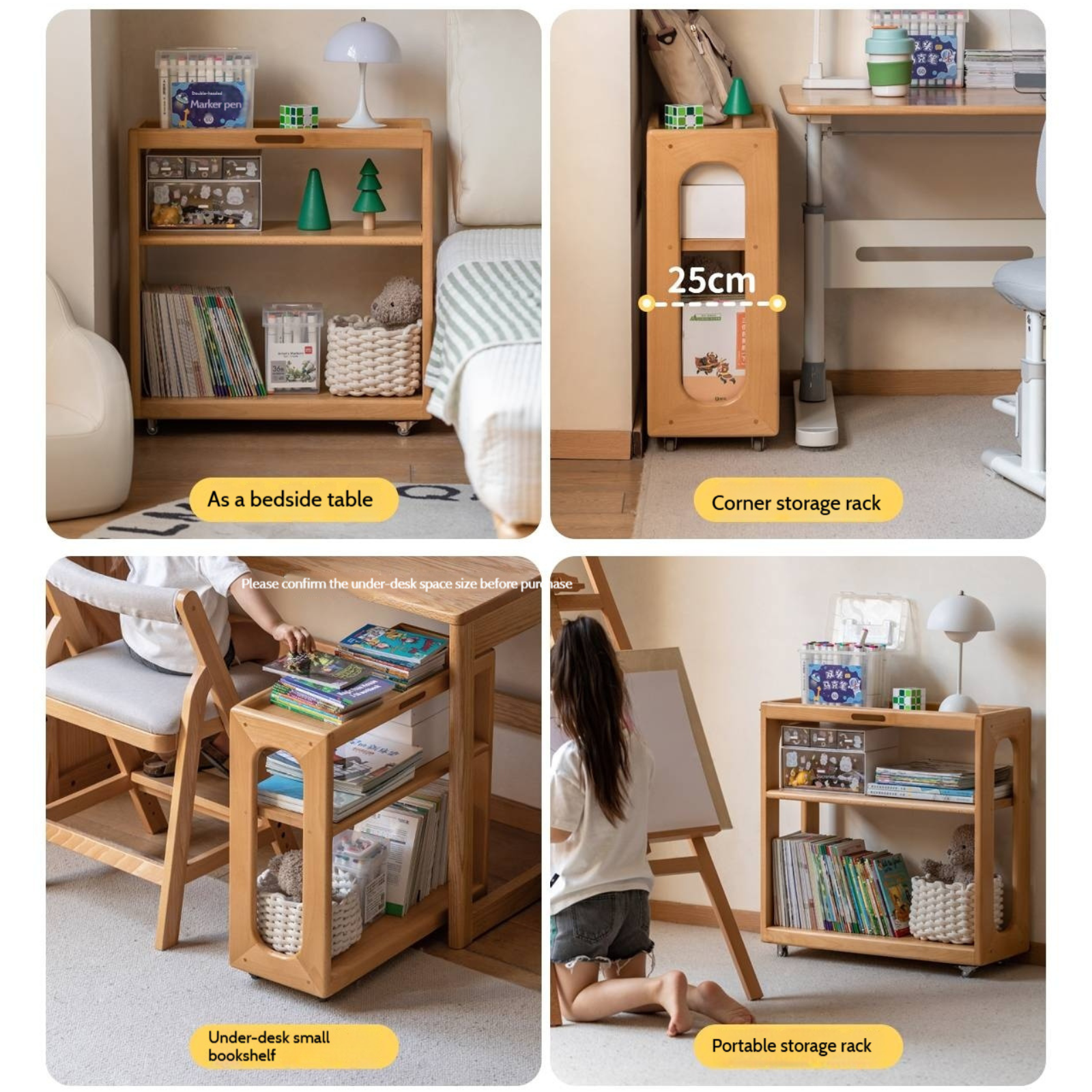 Beech Solid Wood Movable Children's Montessori Under-Table Bookshelf with Wheels