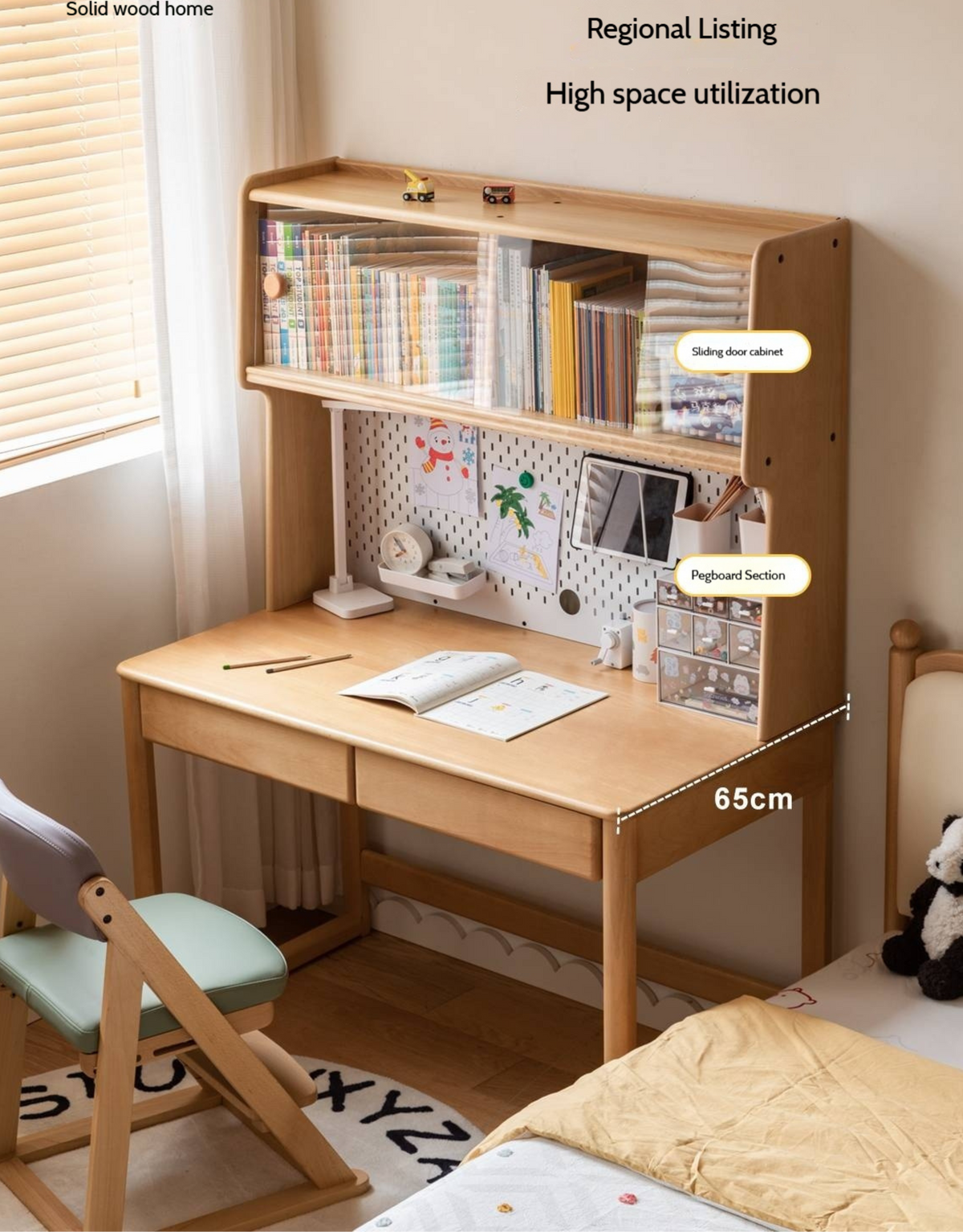 Beech Solid Wood Kids Study Desk Bookshelf Integrated