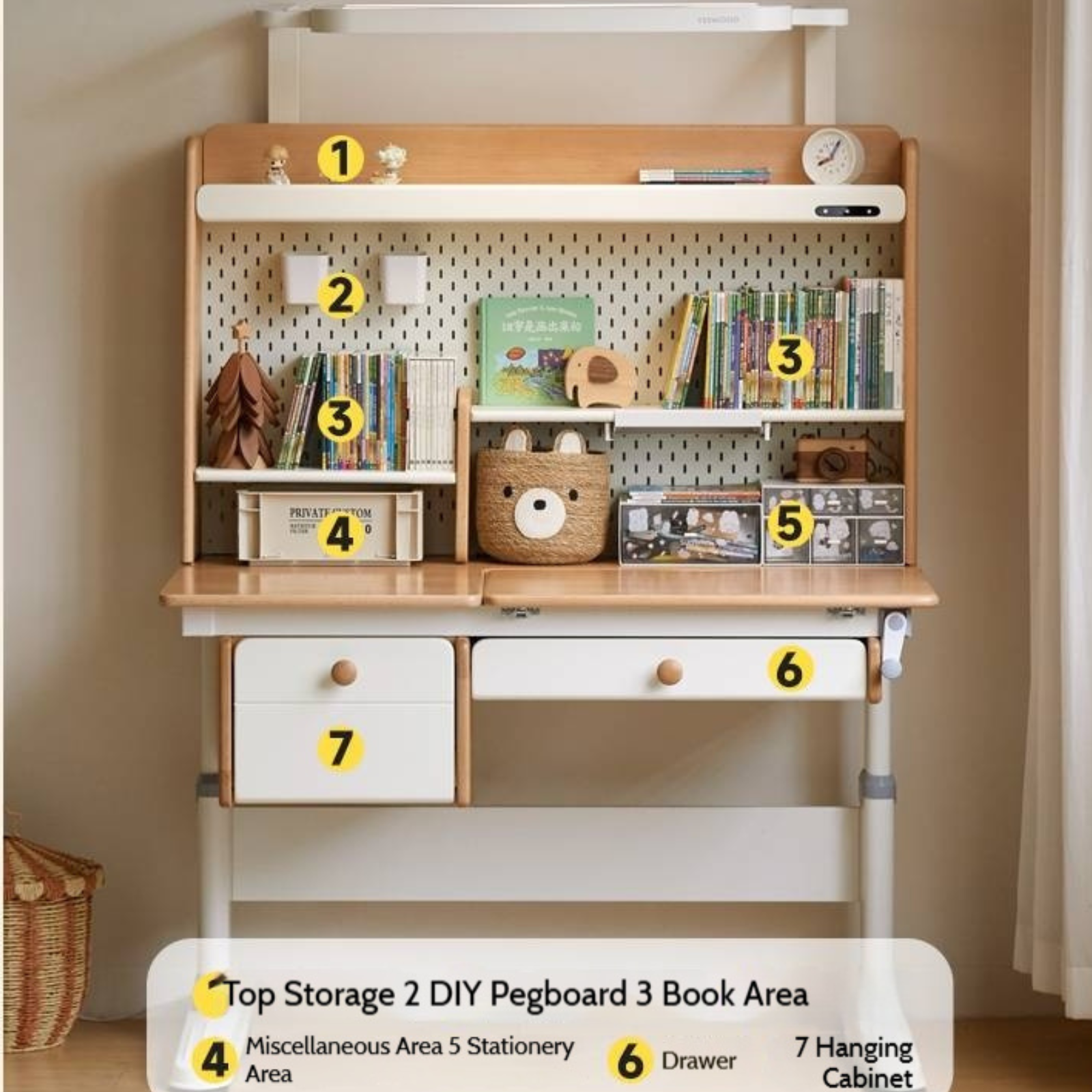 Beech Solid Wood Height Adjustable Children's Learning Desk with Eye-Protection Lamp