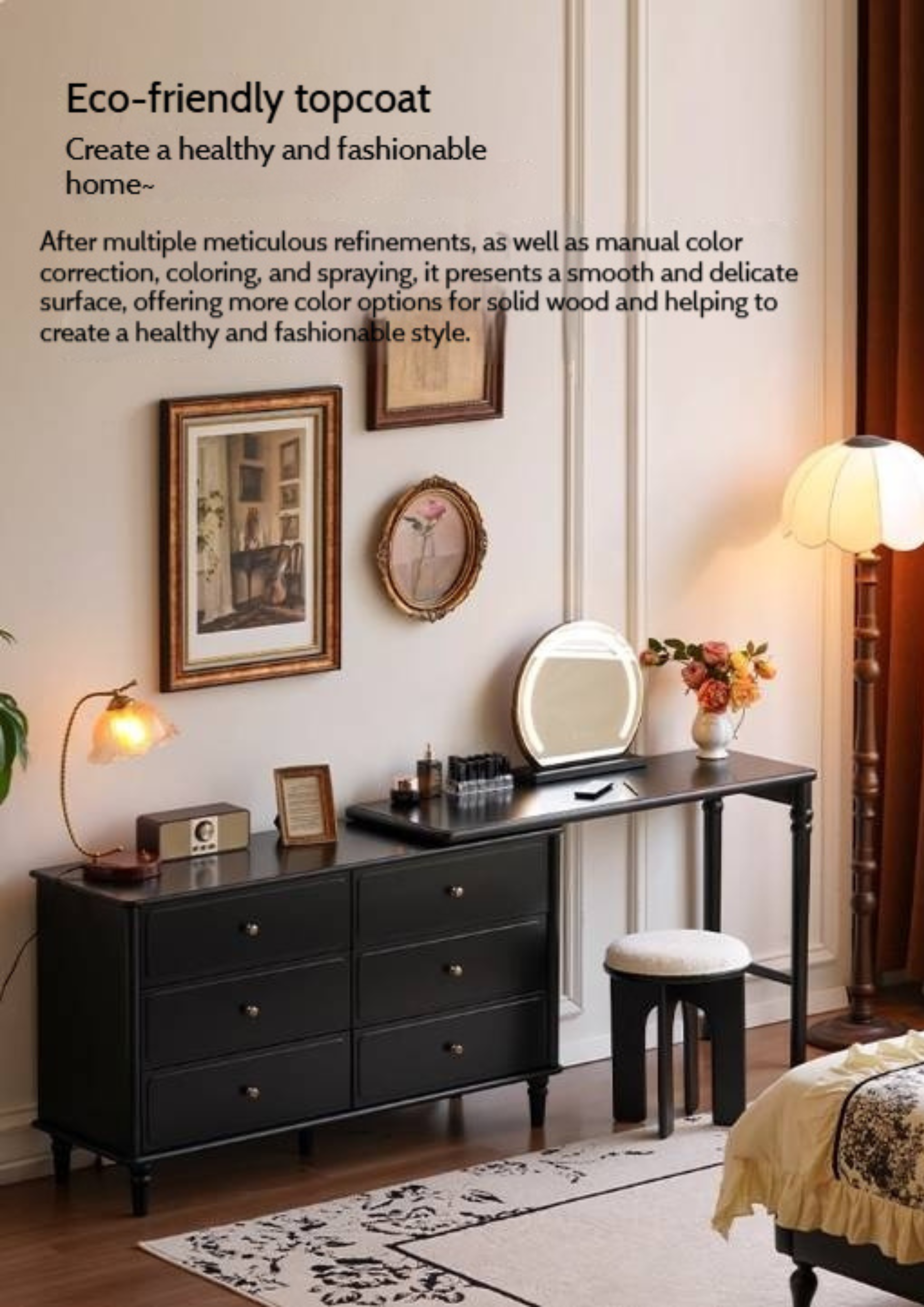 Solid Rubberwood French Retro Makeup Table