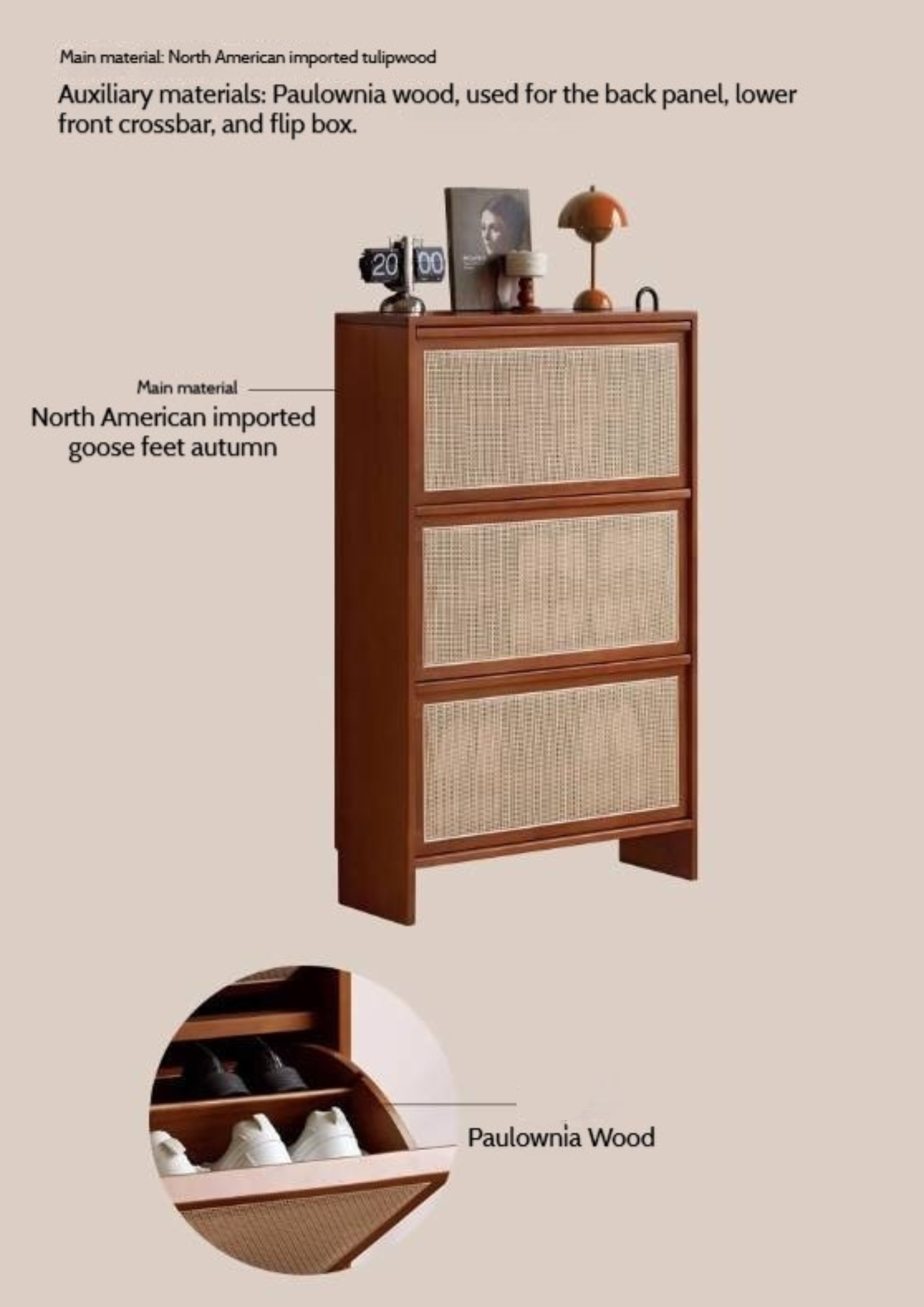 Tulipwood Solid Wood Rattan Shoe Cabinet Antique Style