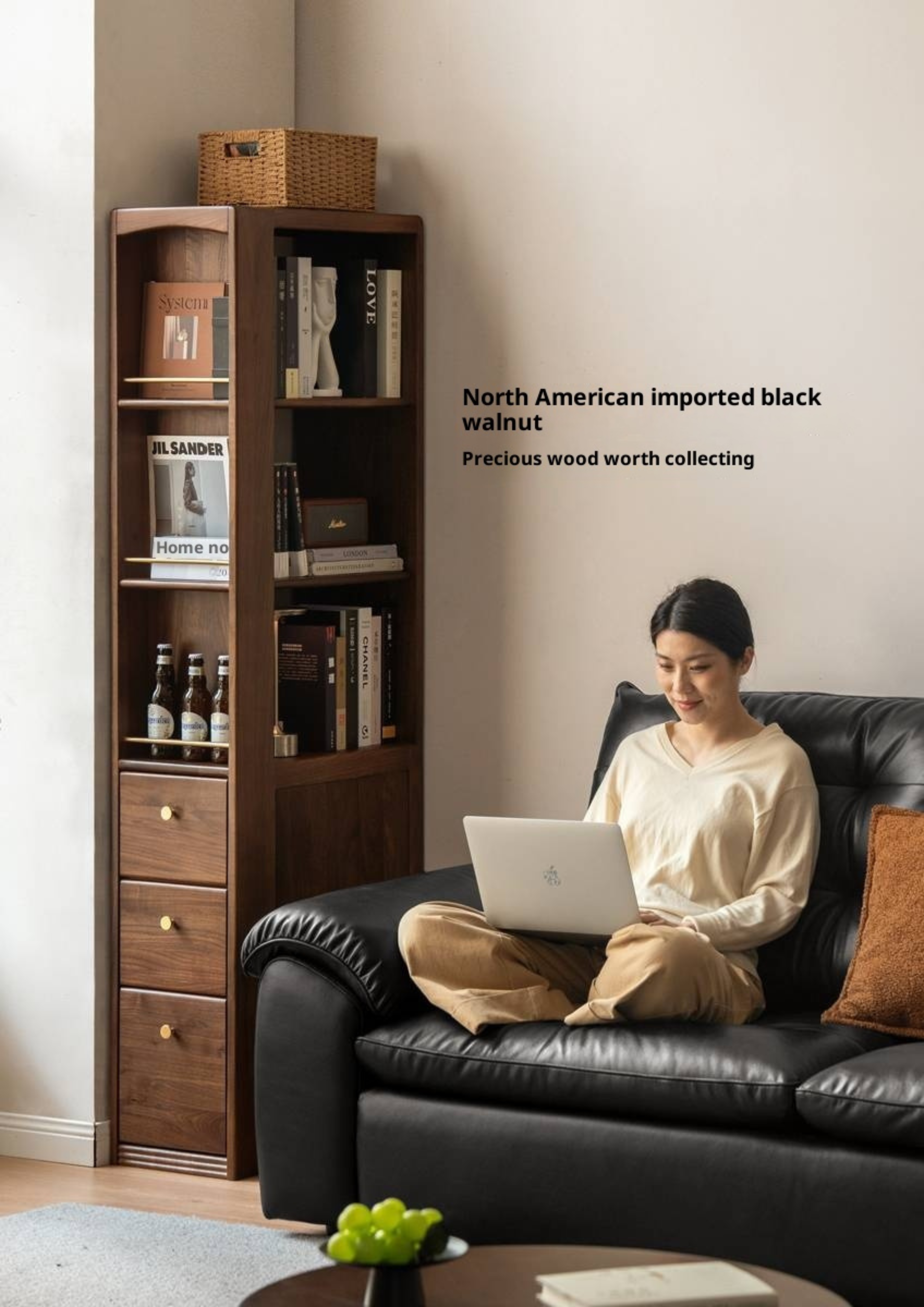 Black Walnut, Oak Solid Wood Narrow Bookcase