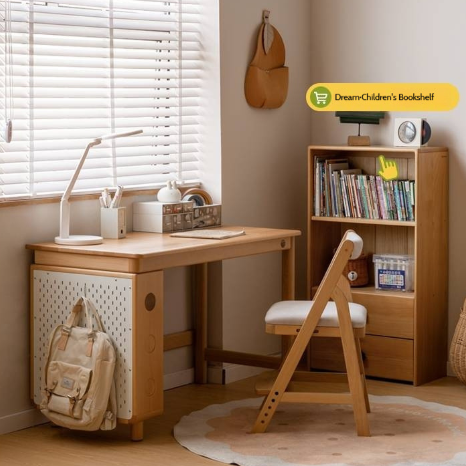 Beech Solid Wood Children's Learning Desk Bookshelf Integrated