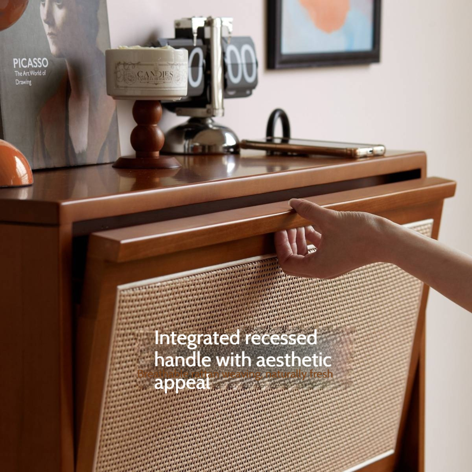 Tulipwood Solid Wood Rattan Shoe Cabinet Antique Style