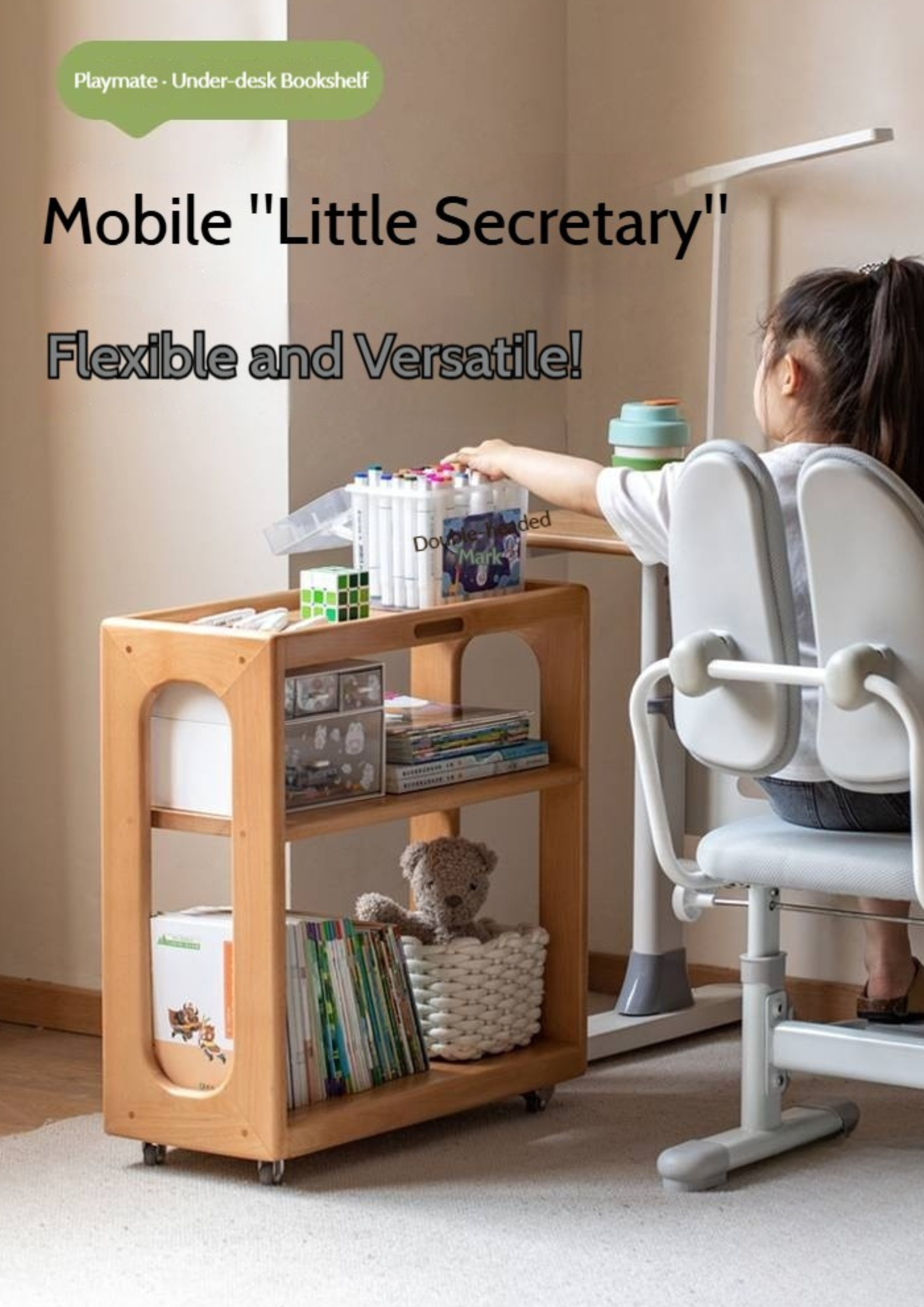 Beech Solid Wood Movable Children's Montessori Under-Table Bookshelf with Wheels