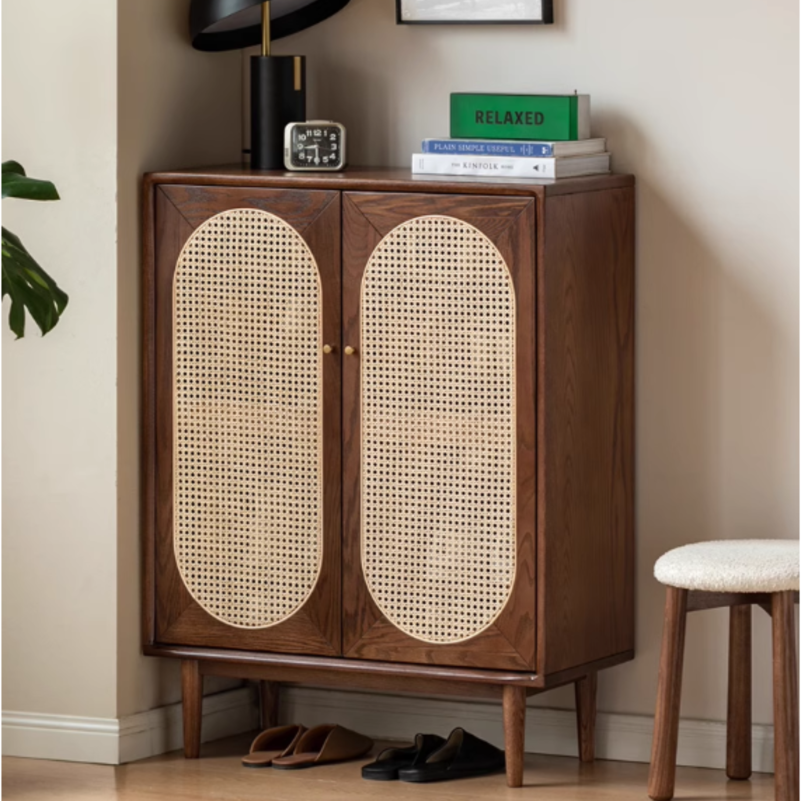 Oak Solid Wood Rattan Wall-Mounted Shoe Cabinet