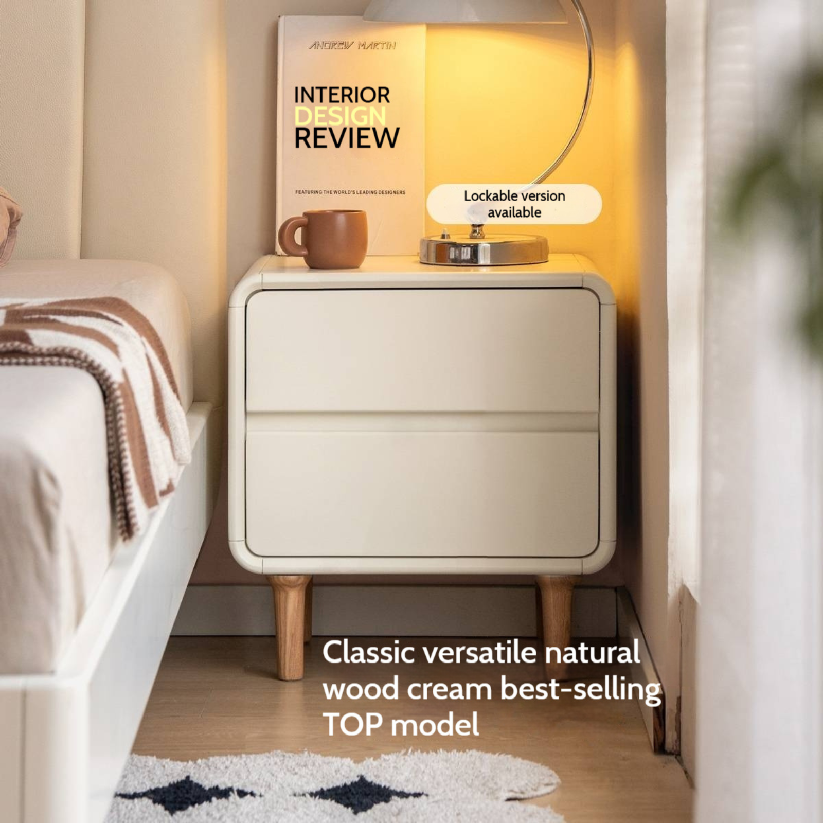 Beech Solid Wood White Cream Style Nightstand