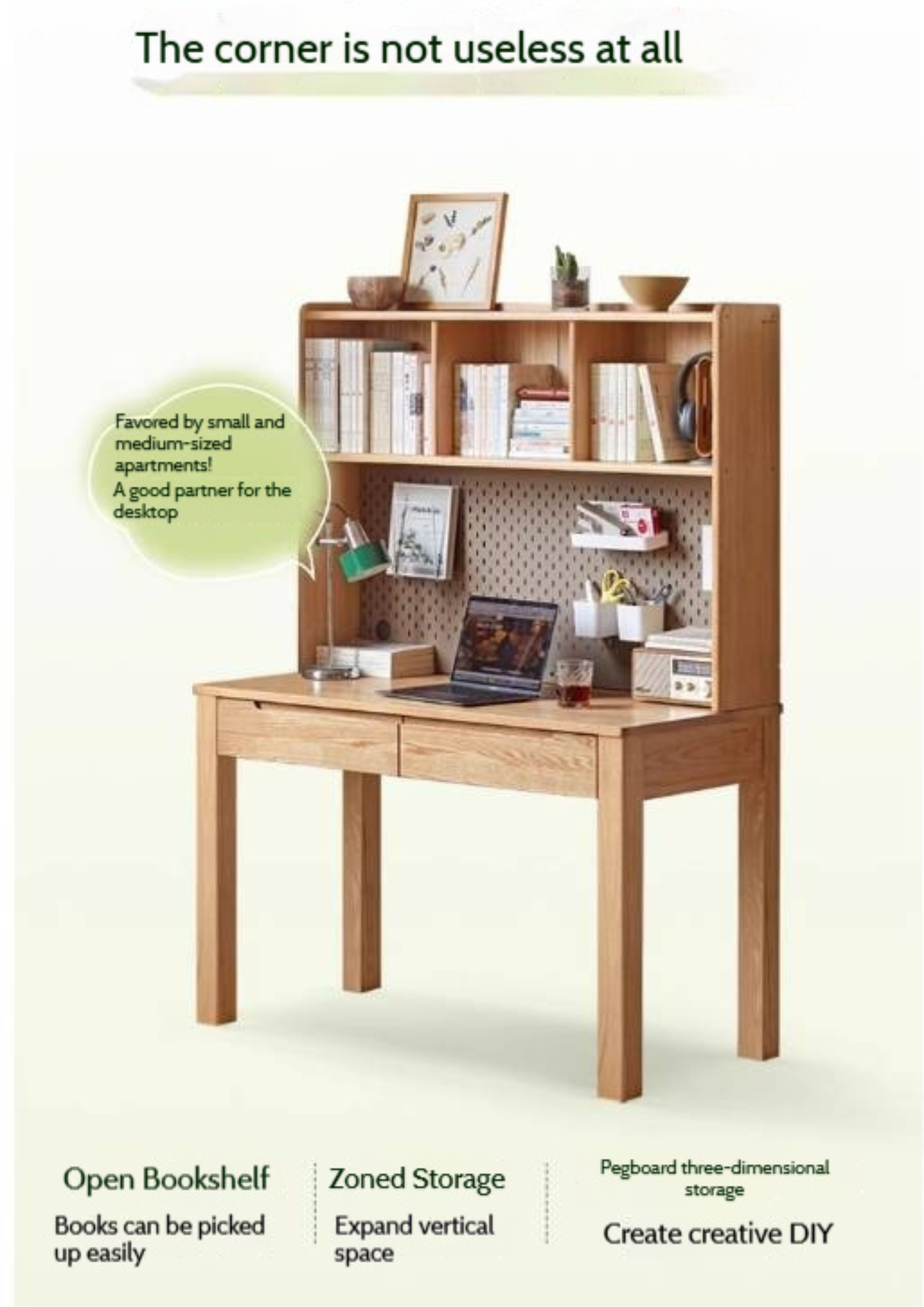 Oak Solid Wood Office Desk and Bookshelf Integrated