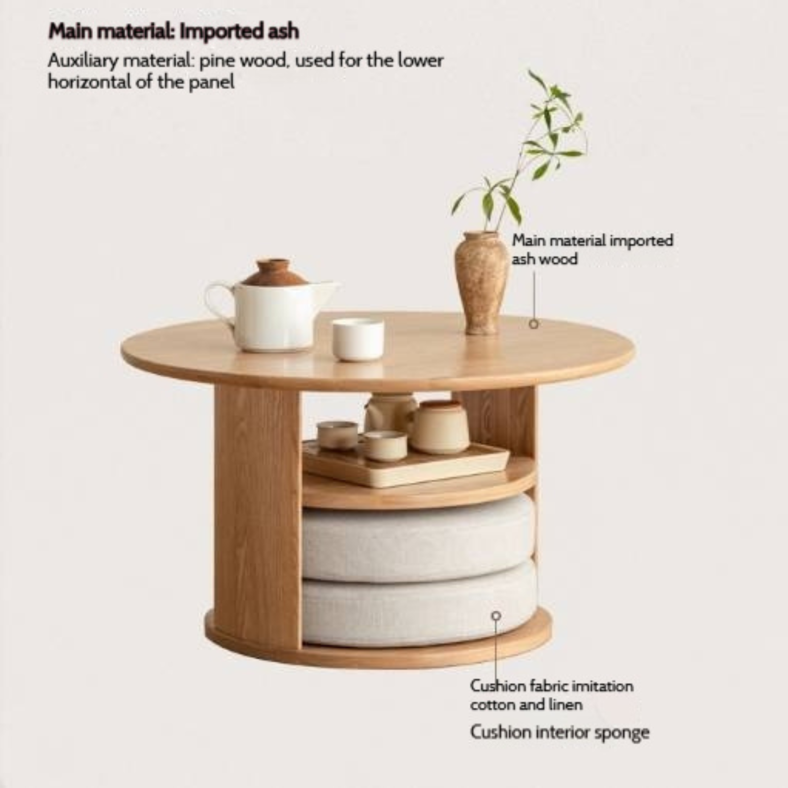 Pine Solid Wood Round Tea Table