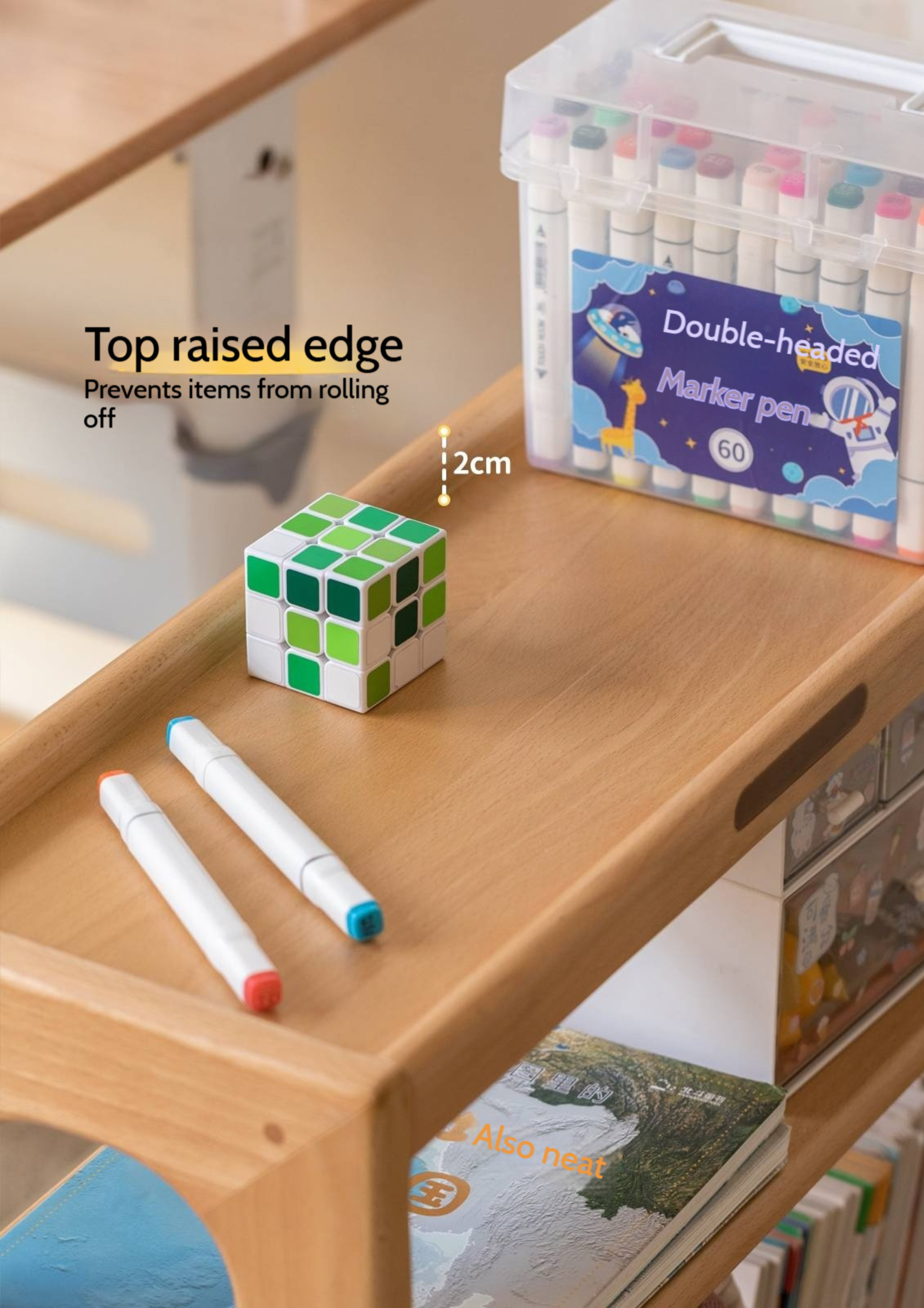 Beech Solid Wood Movable Children's Montessori Under-Table Bookshelf with Wheels