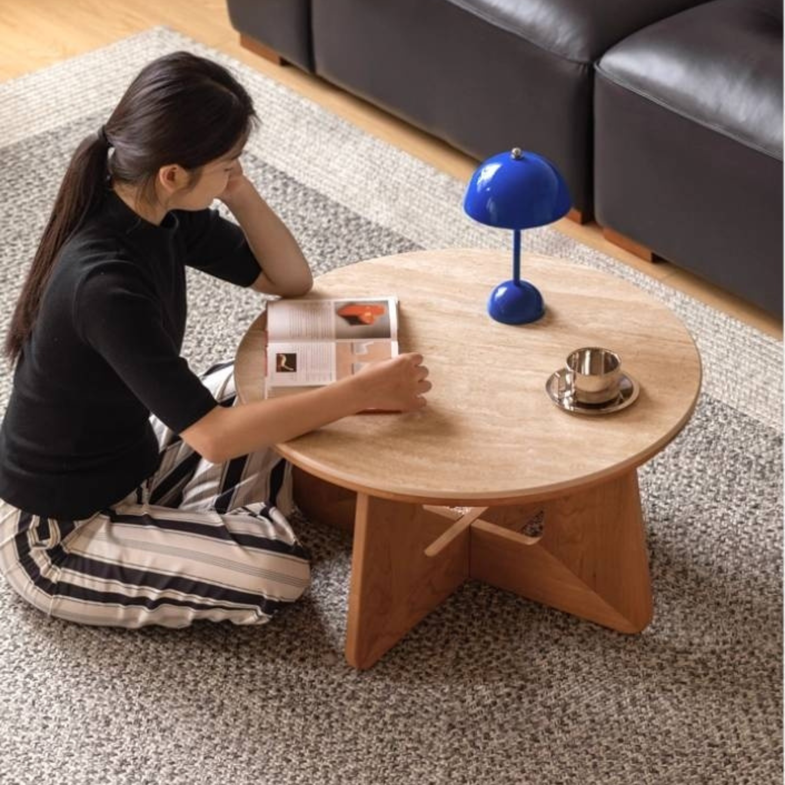 Cherry Solid Wood Rock Plate Round Coffee Table