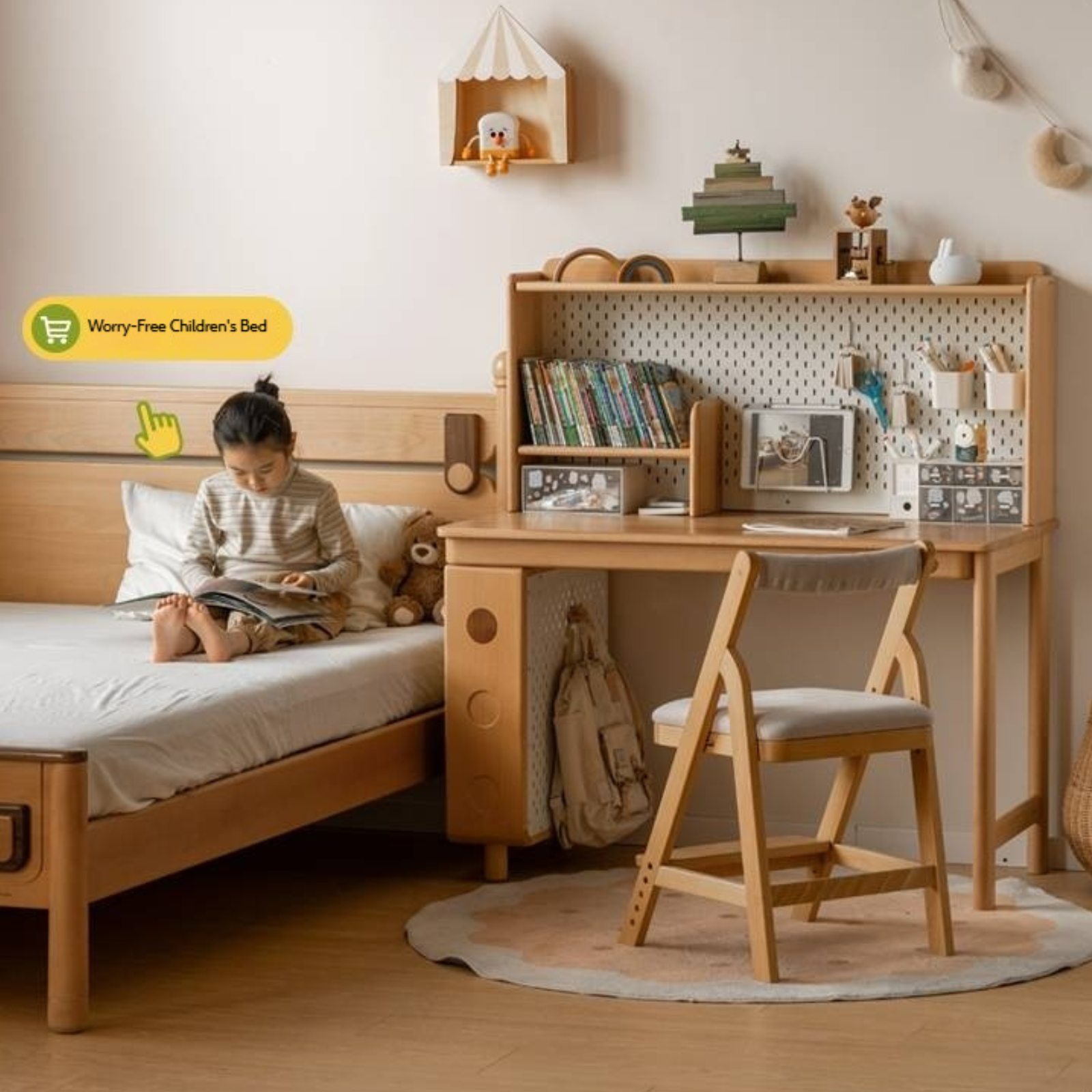 Beech Solid Wood Children's Learning Desk Bookshelf Integrated