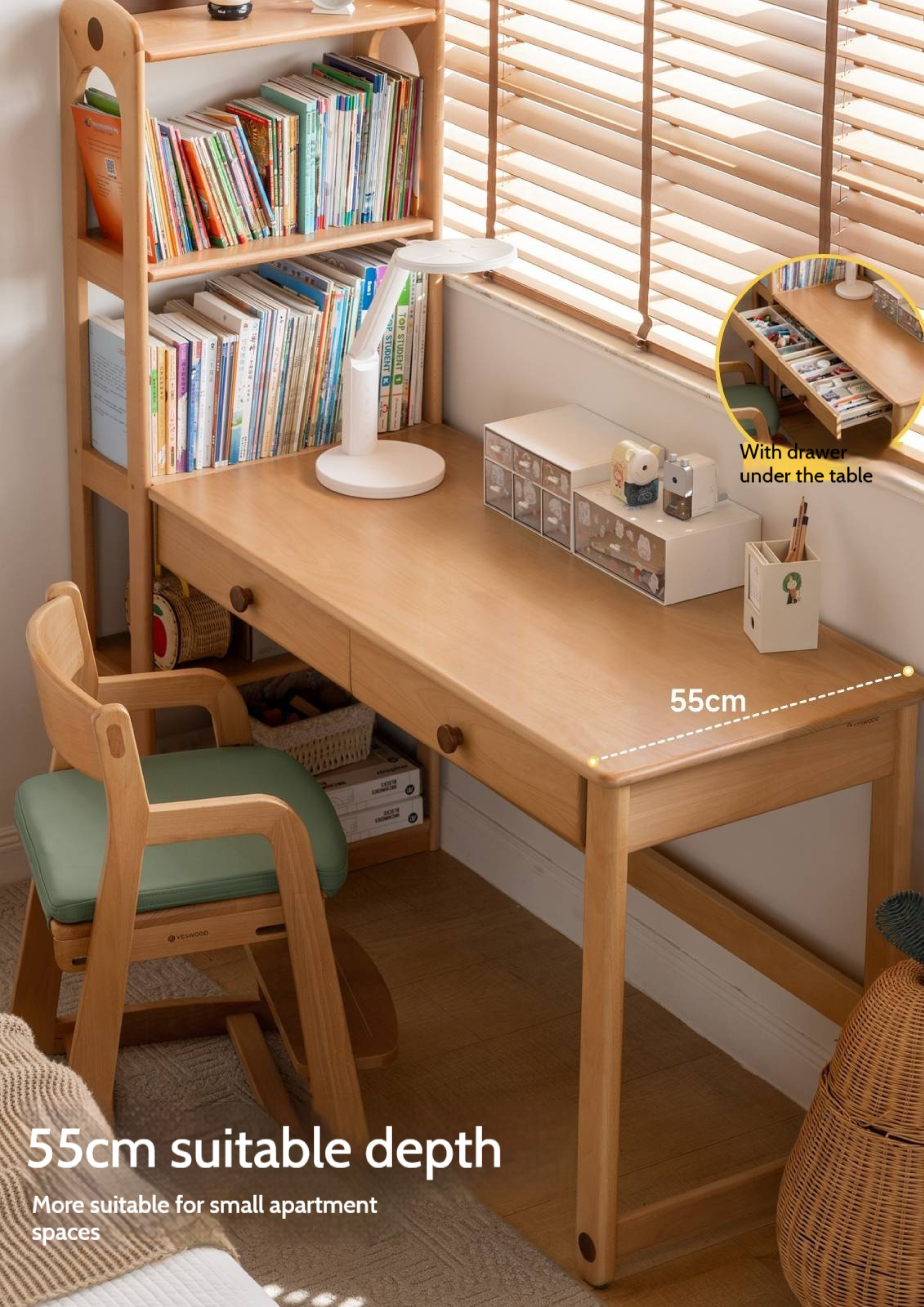 Beech Solid Wood Children's Desk and Bookshelf