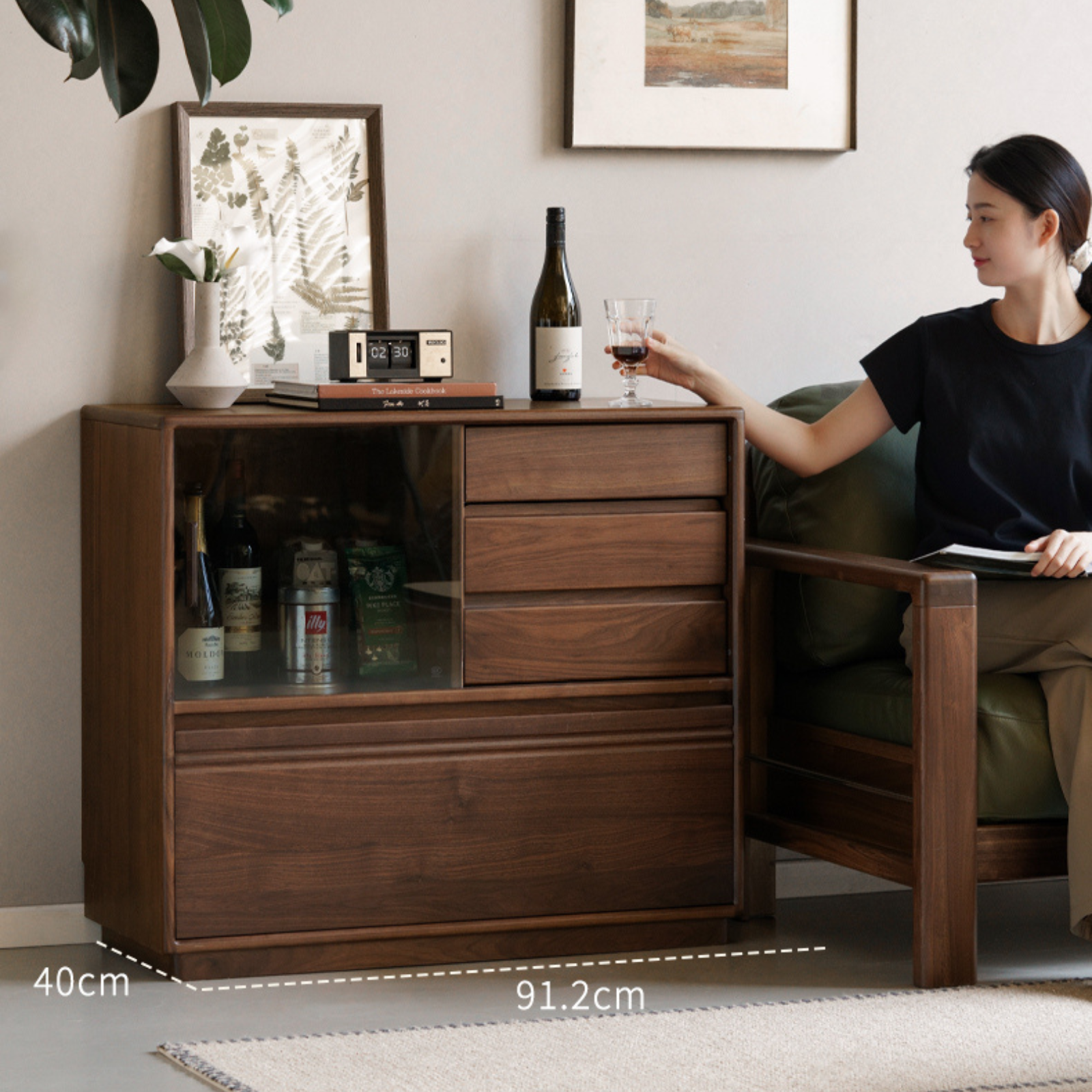 Black Walnut Solid Wood Modern Side Cabinet.