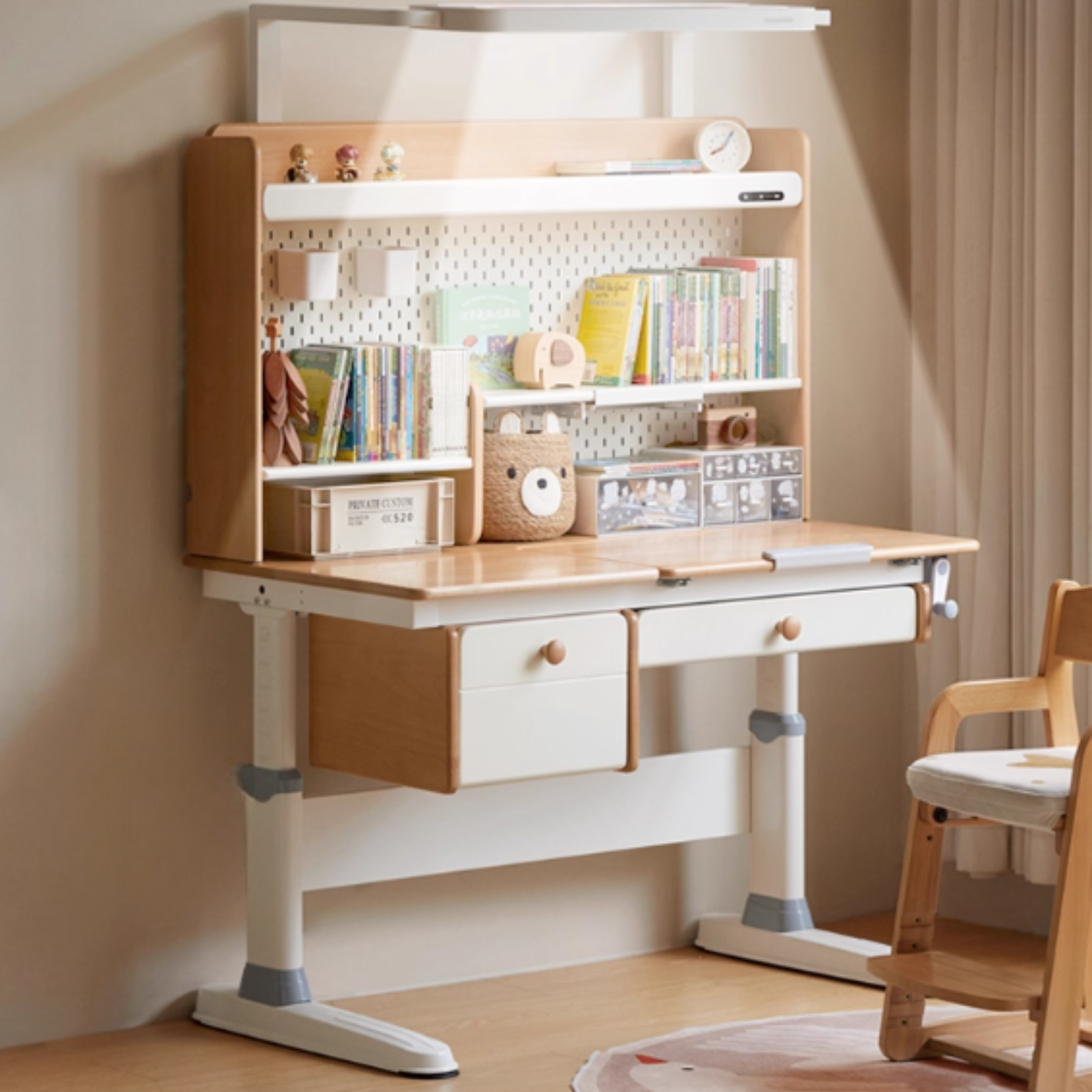 Beech Solid Wood Height Adjustable Children's Learning Desk with Eye-Protection Lamp