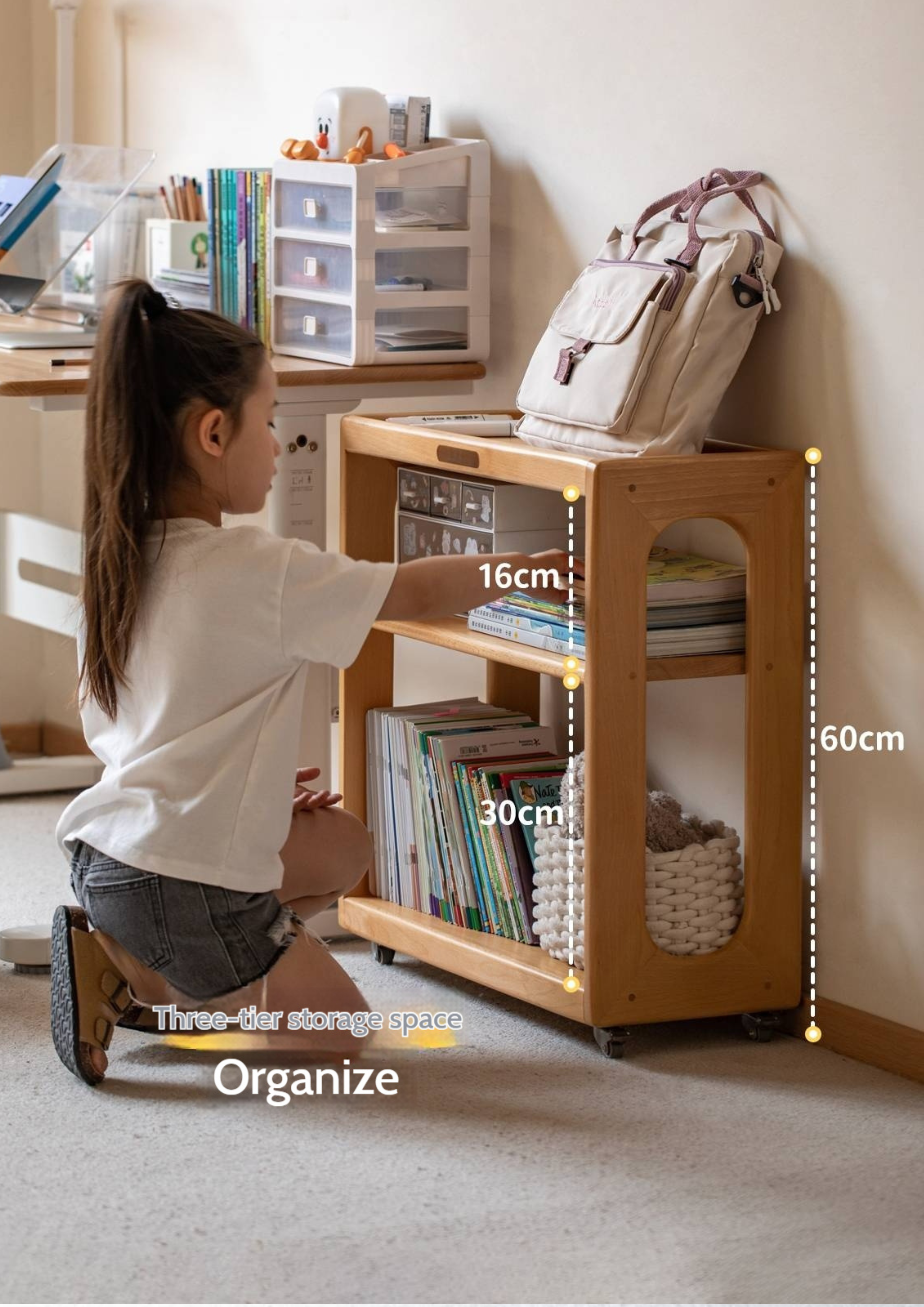 Beech Solid Wood Movable Children's Montessori Under-Table Bookshelf with Wheels