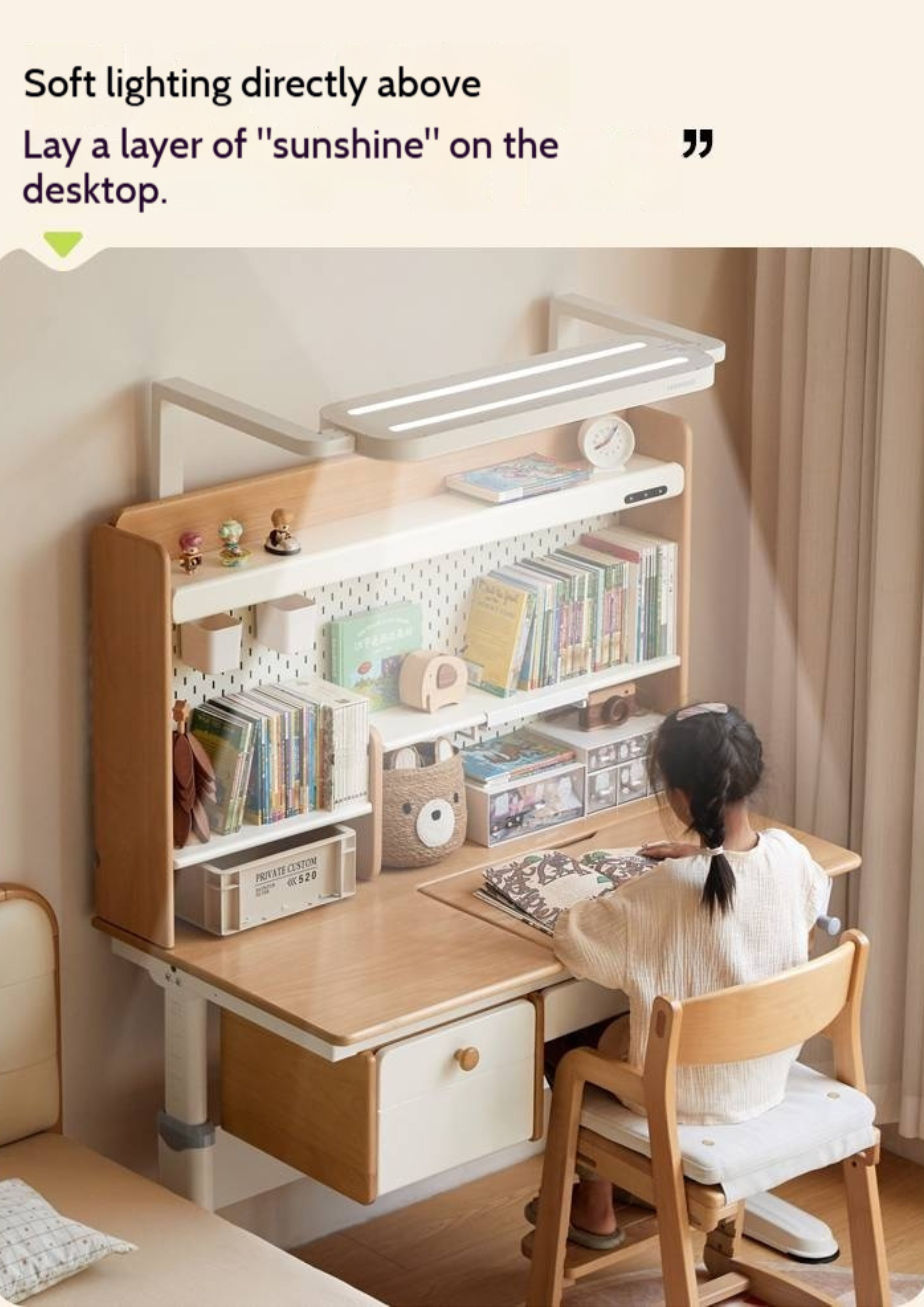 Beech Solid Wood Height Adjustable Children's Learning Desk with Eye-Protection Lamp