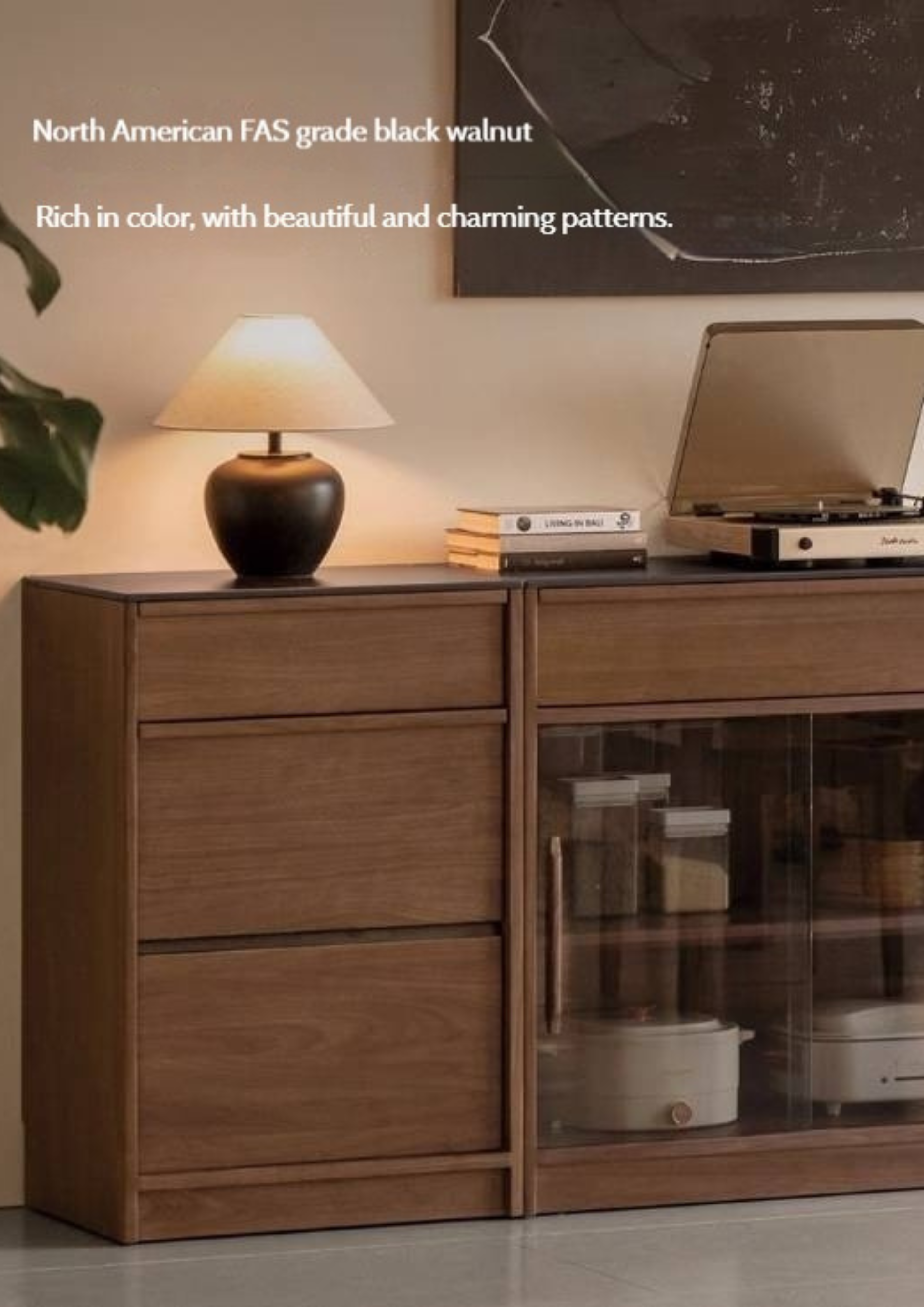Black Walnut, Ash Solid Wood Light Luxury Style Rock Board Sideboard