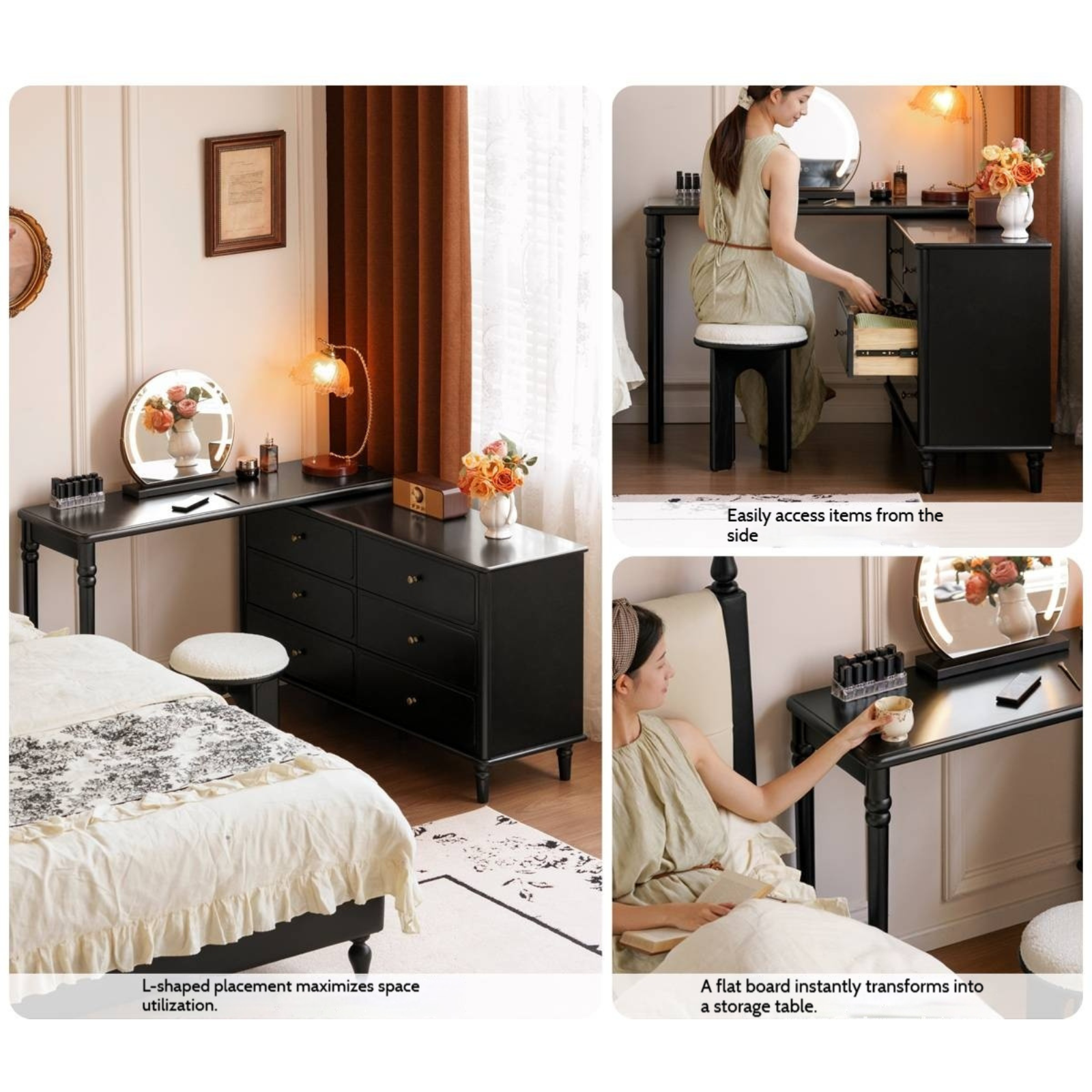 Solid Rubberwood French Retro Makeup Table