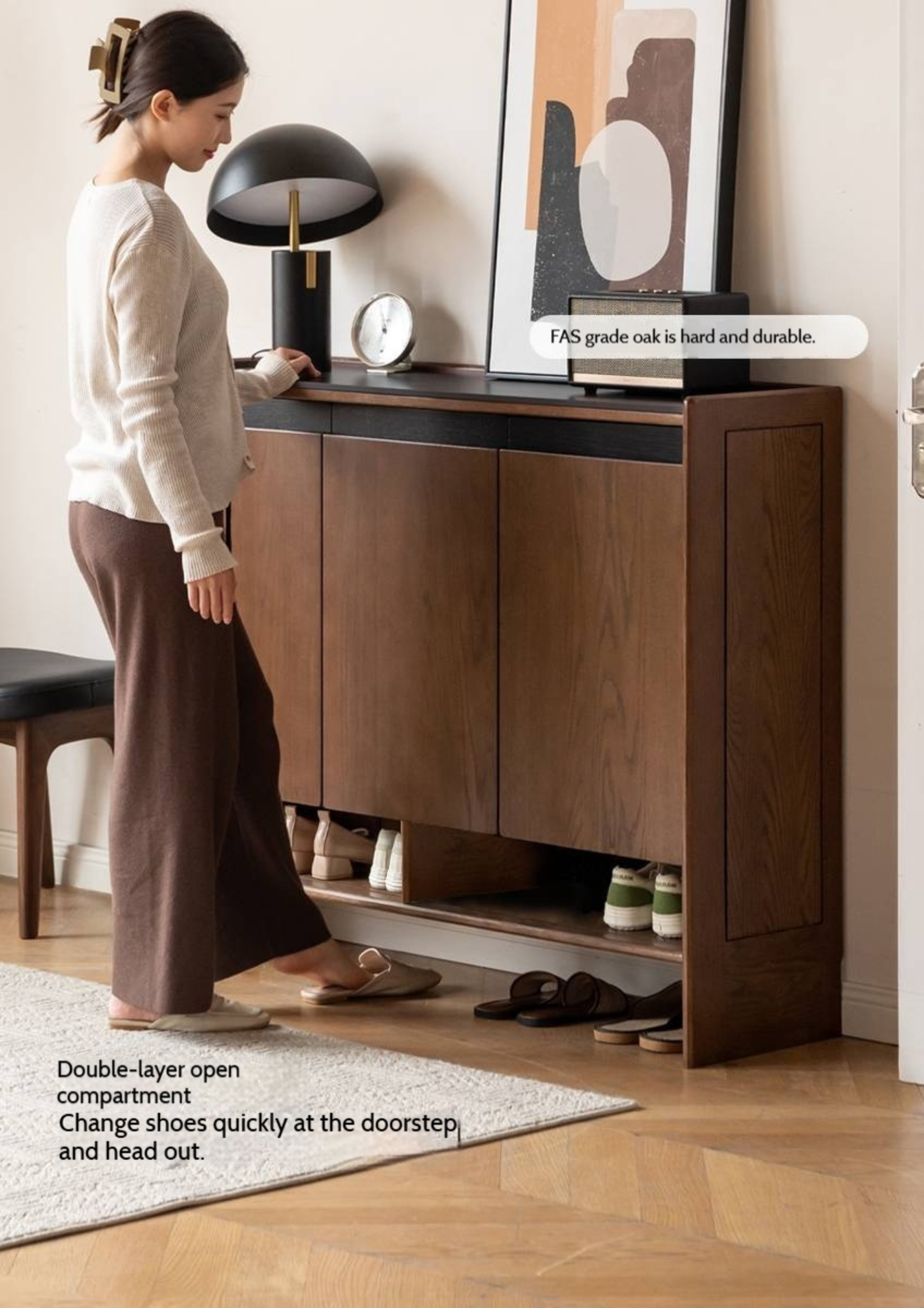 Oak Solid Wood Modern Rock Board Shoe Cabinet