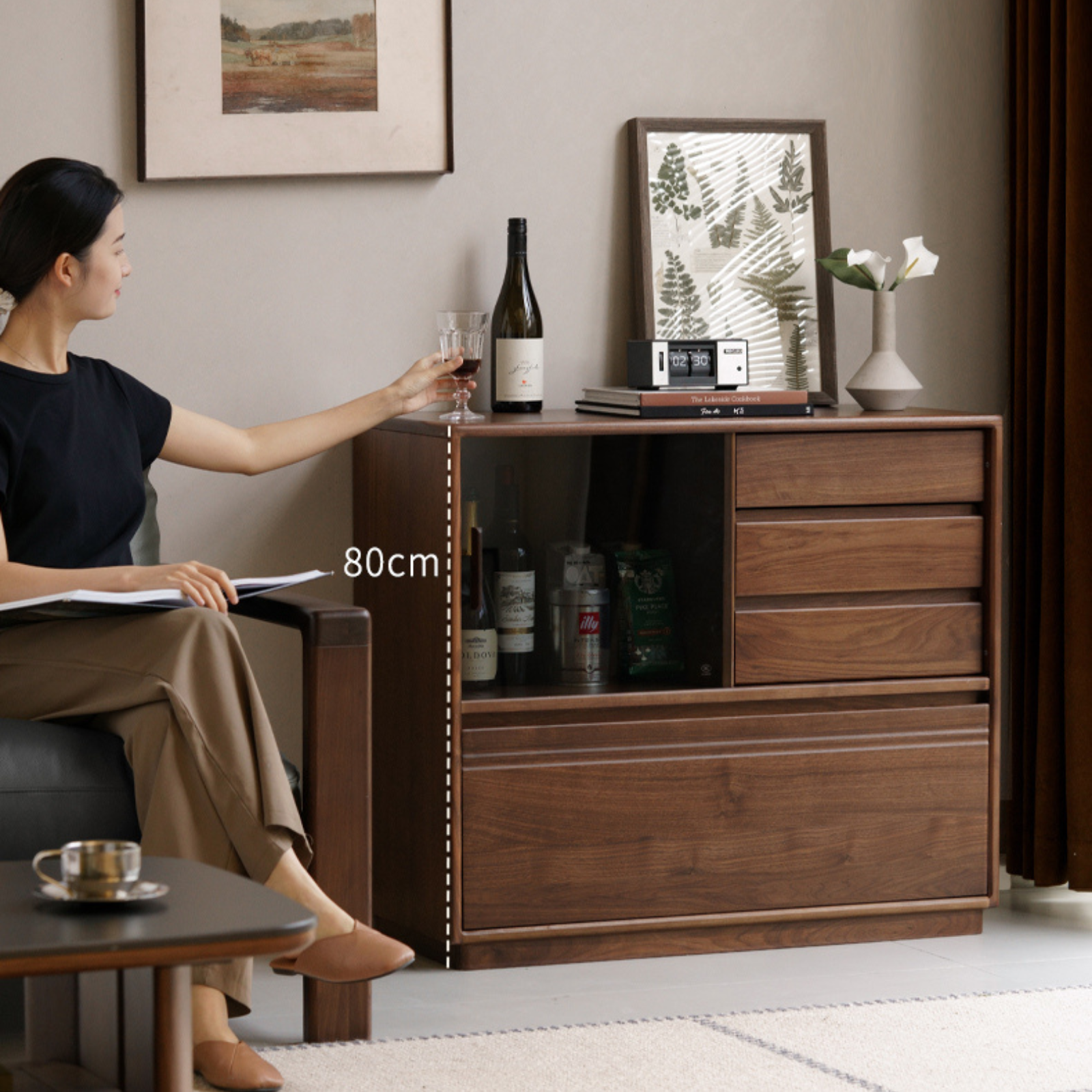 Black Walnut Solid Wood Modern Side Cabinet.