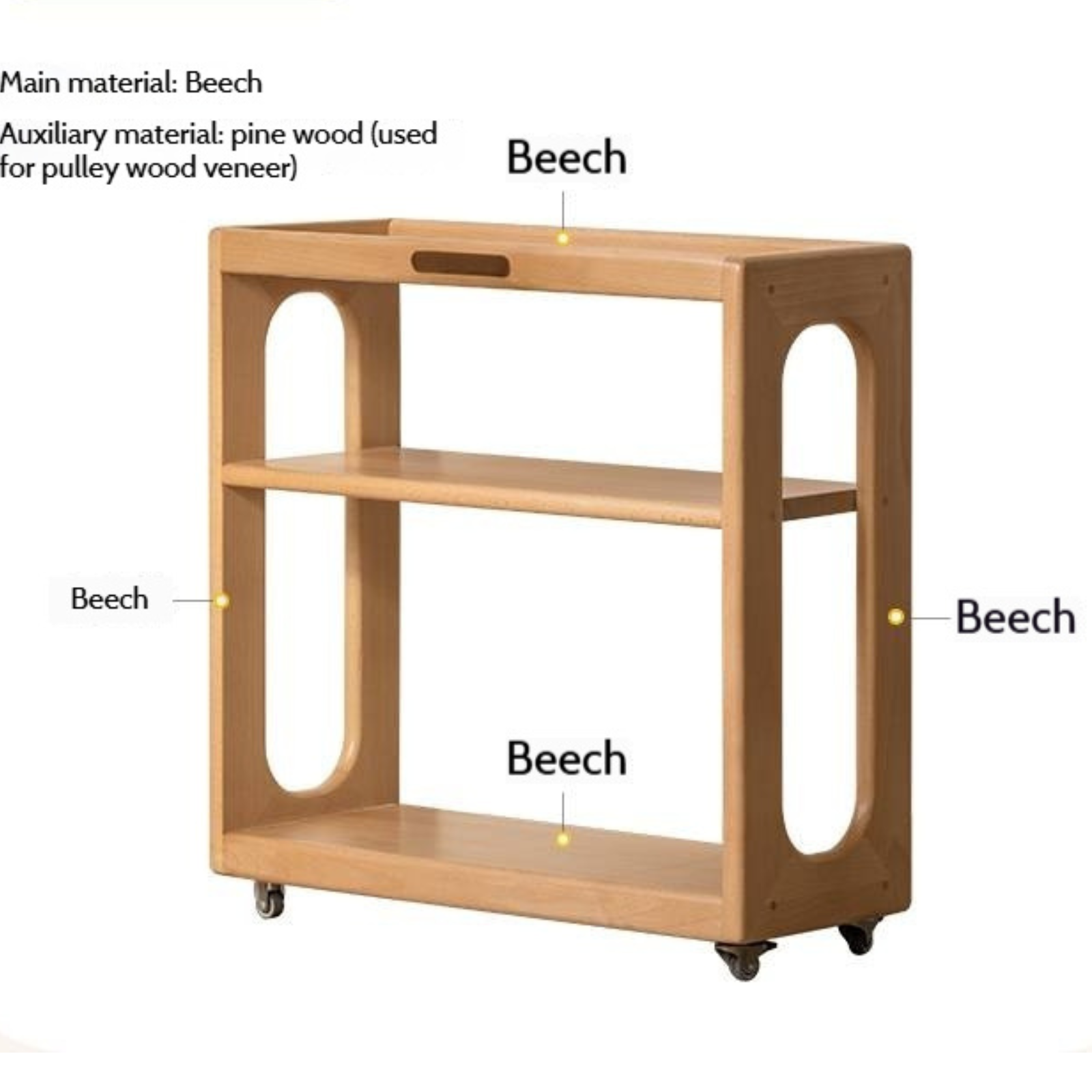Beech Solid Wood Movable Children's Montessori Under-Table Bookshelf with Wheels