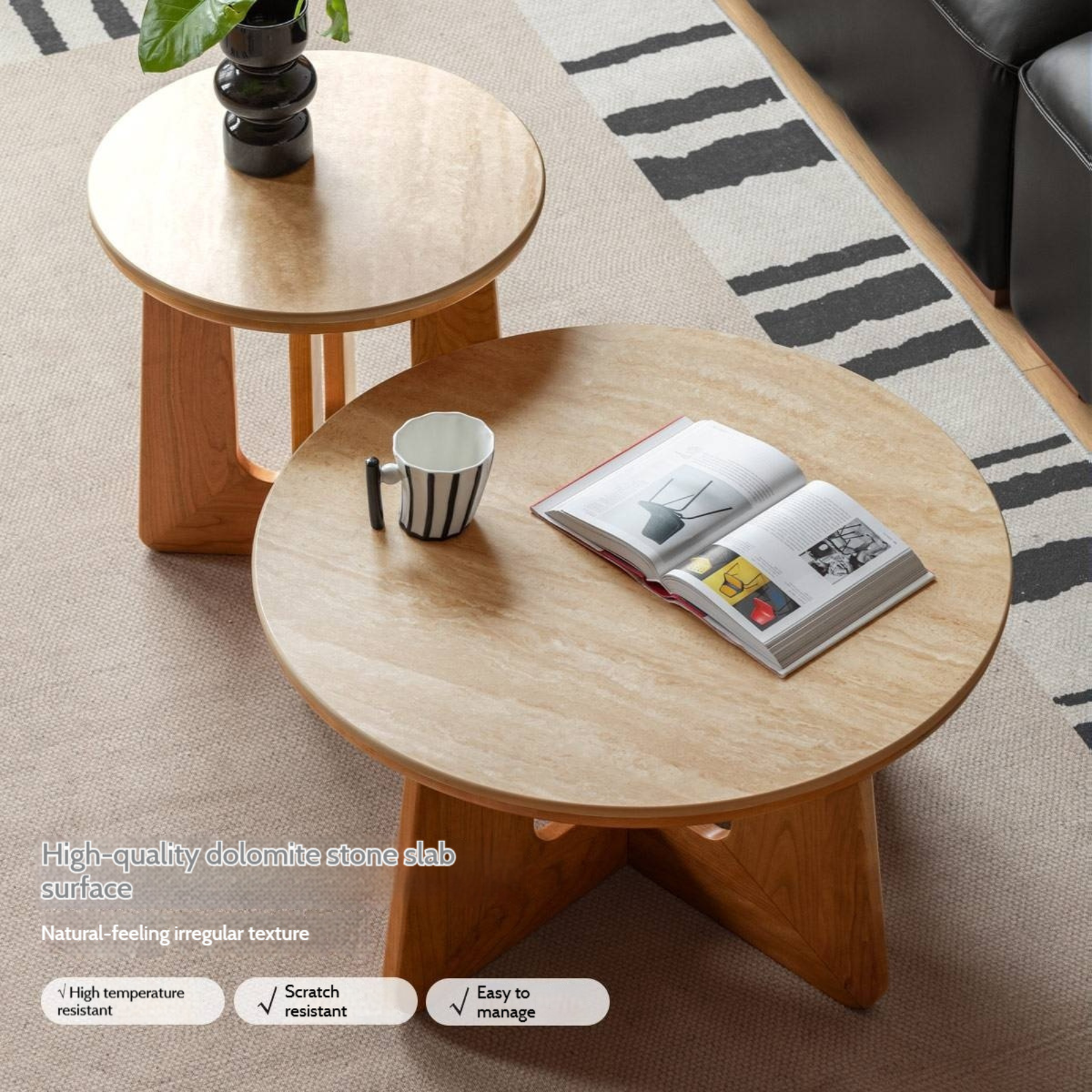 Cherry Solid Wood Rock Plate Round Coffee Table