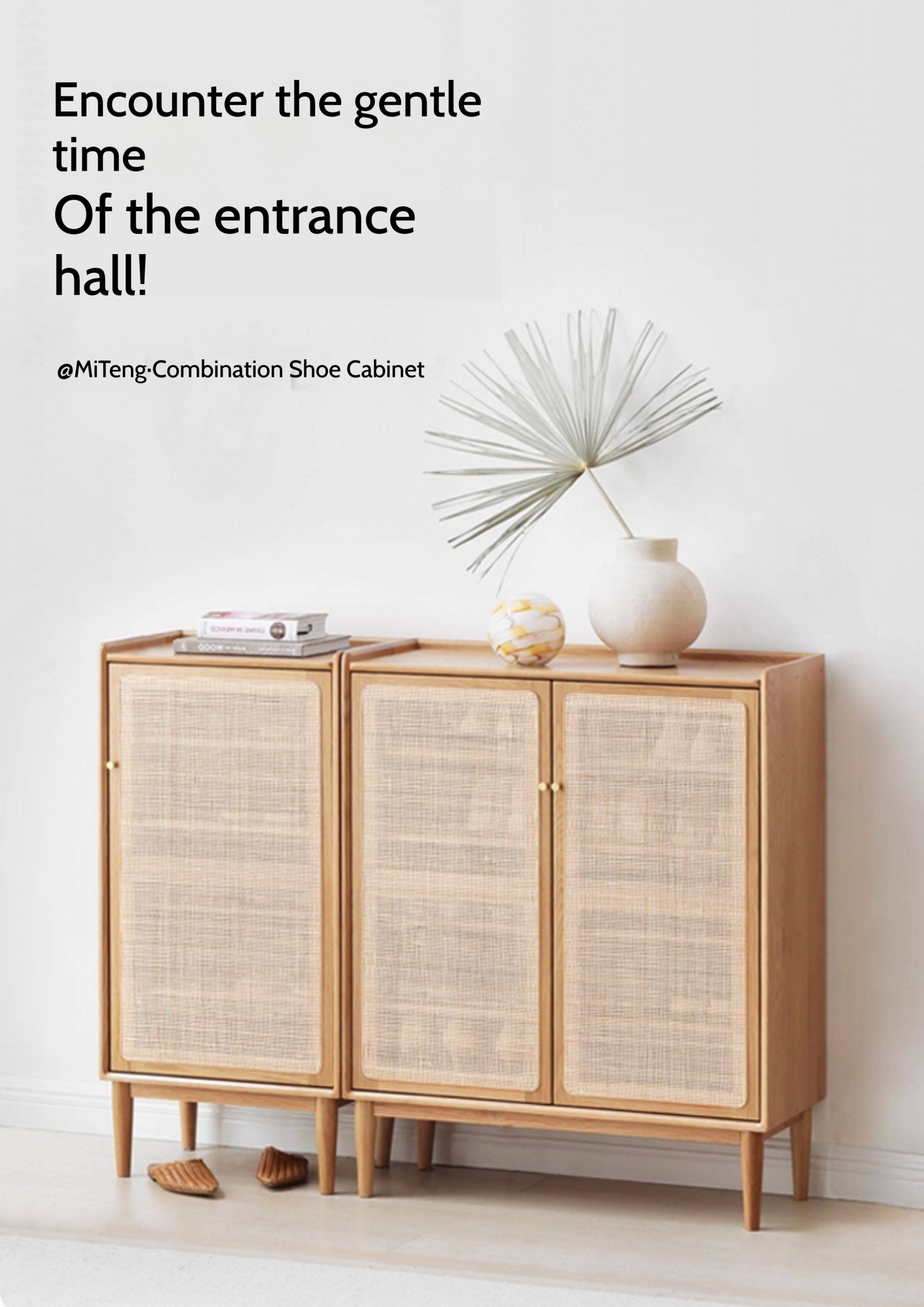 Oak Solid Wood Shoe Cabinet Storage Rattan