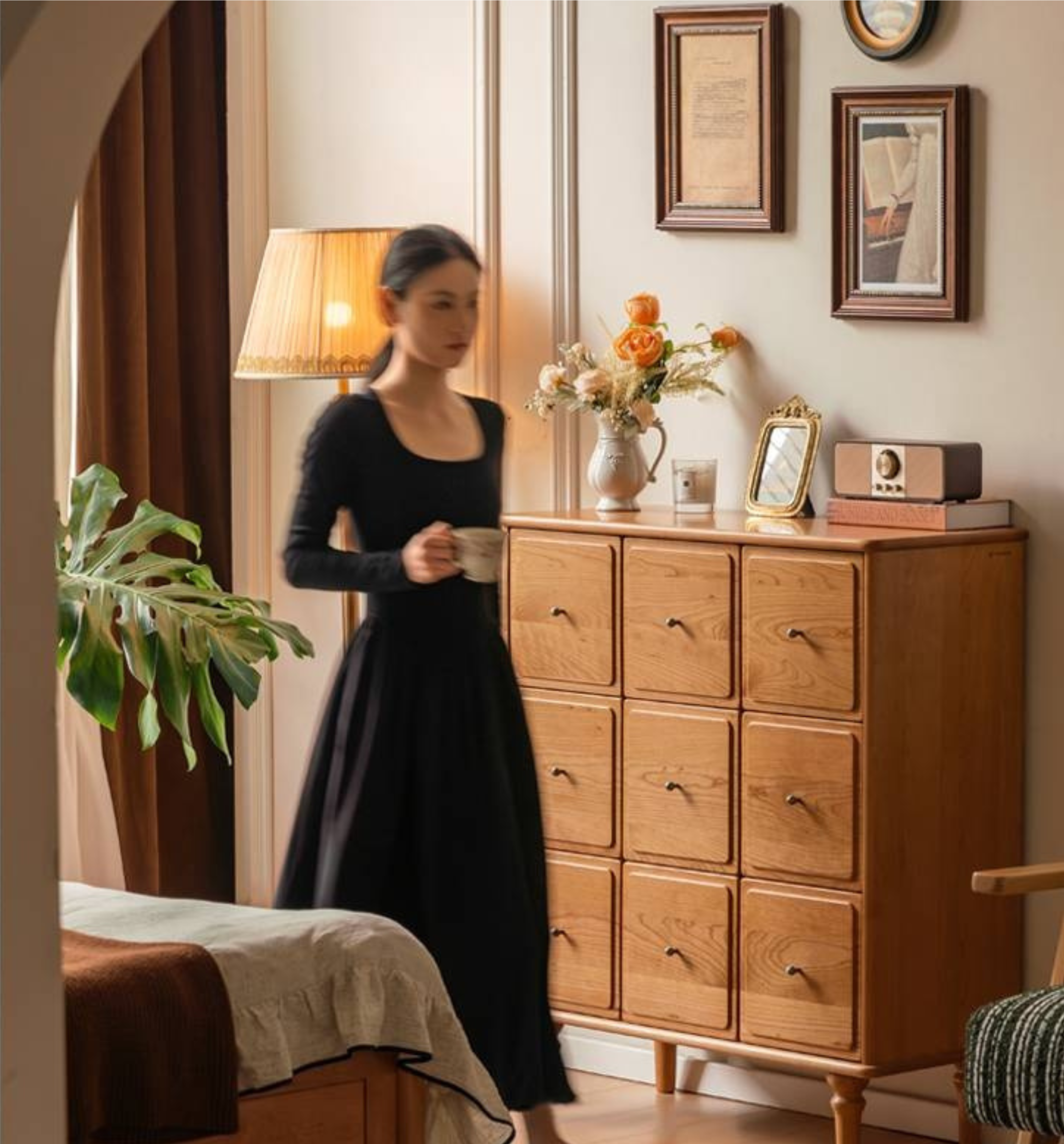 Cherry Solid Wood Retro Nine Bucket Cabinet