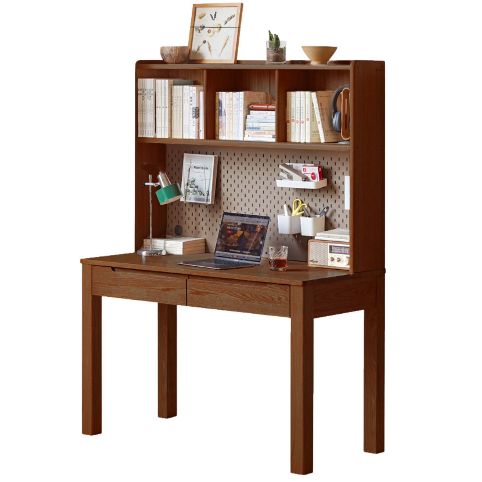 Oak Solid Wood Office Desk and Bookshelf Integrated