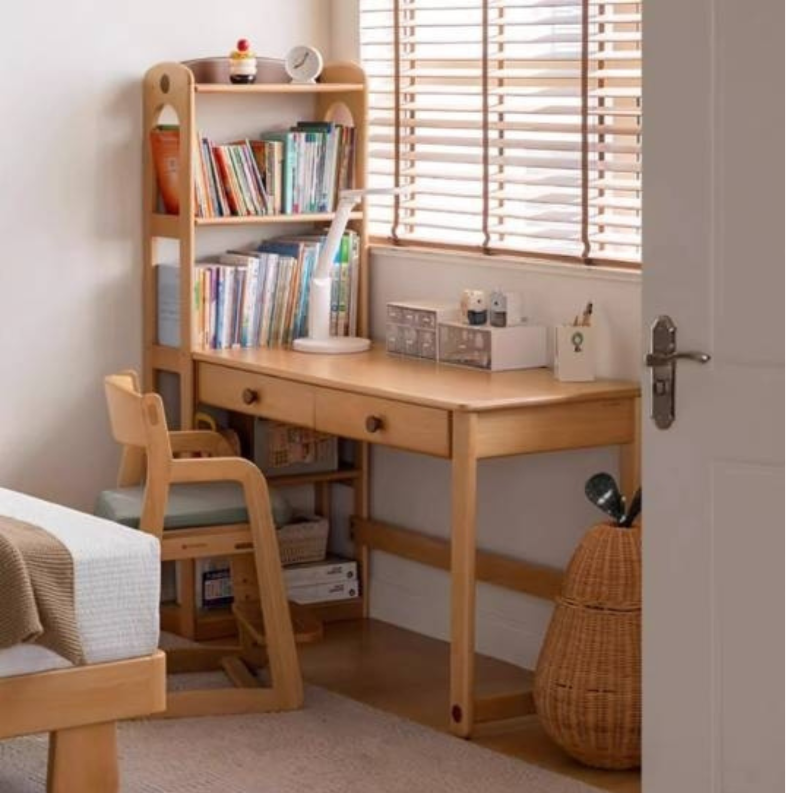 Beech Solid Wood Children's Desk and Bookshelf
