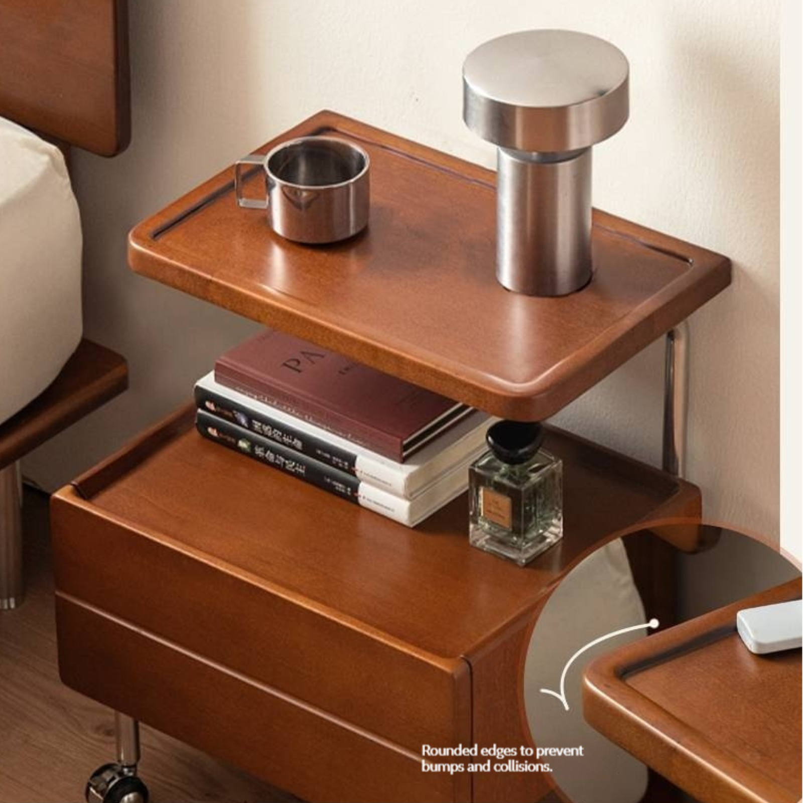 Poplar Solid Wood Vintage Style Mobile Nightstand