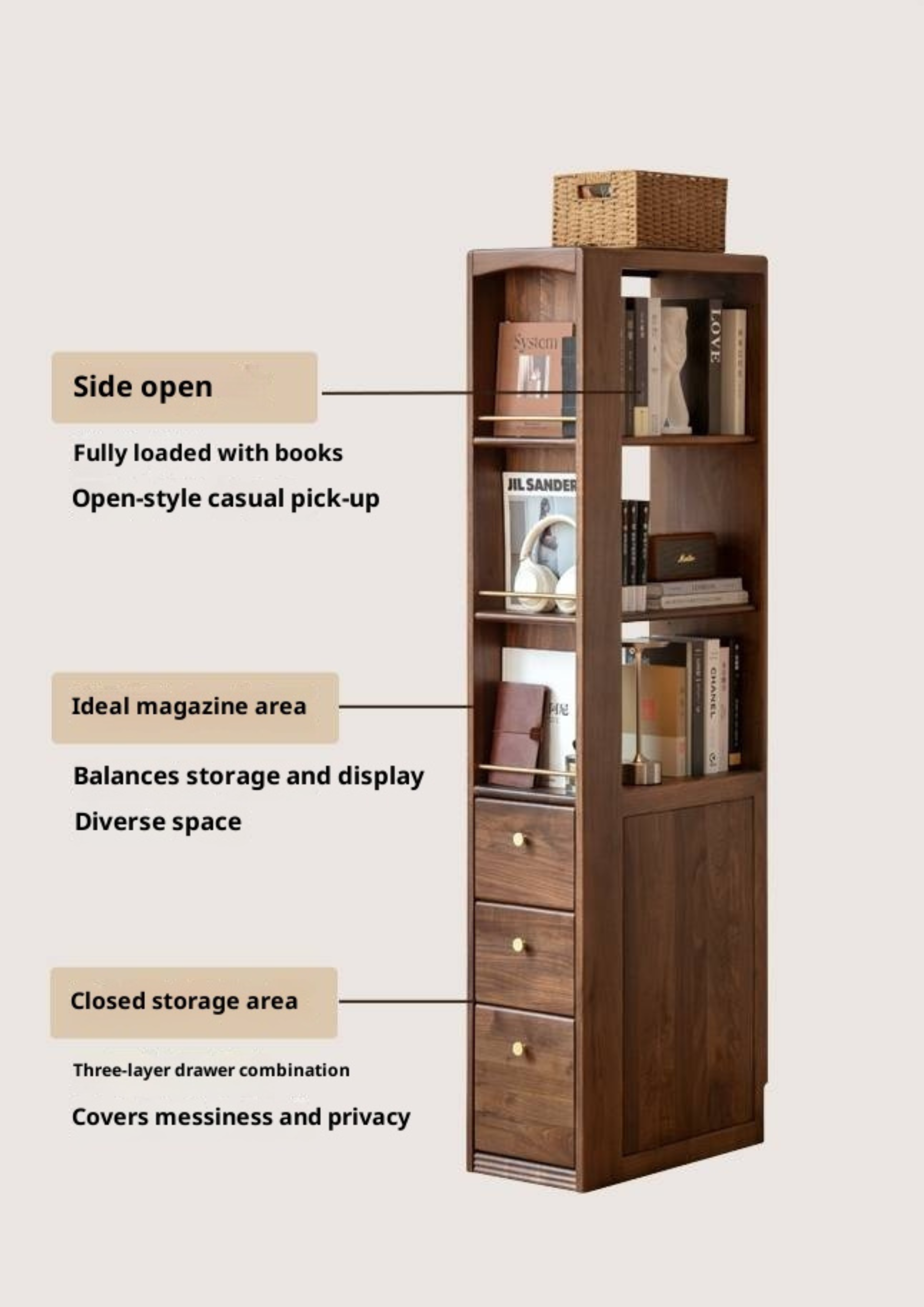 Black Walnut, Oak Solid Wood Narrow Bookcase