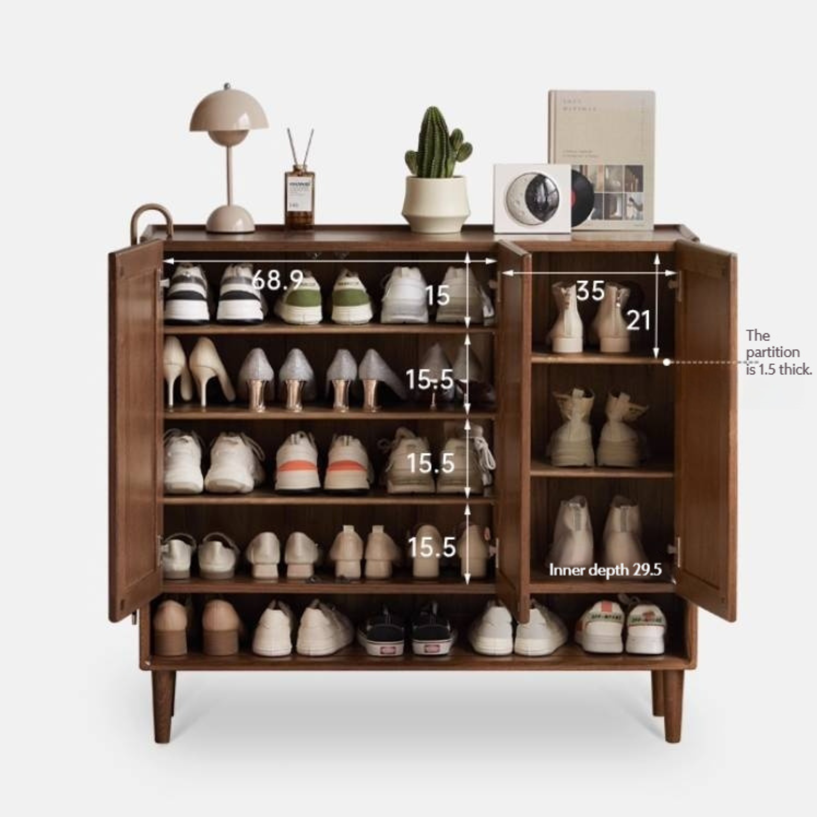 Oak, Solid Rubber Wood Large Capacity Shoe Cabinet