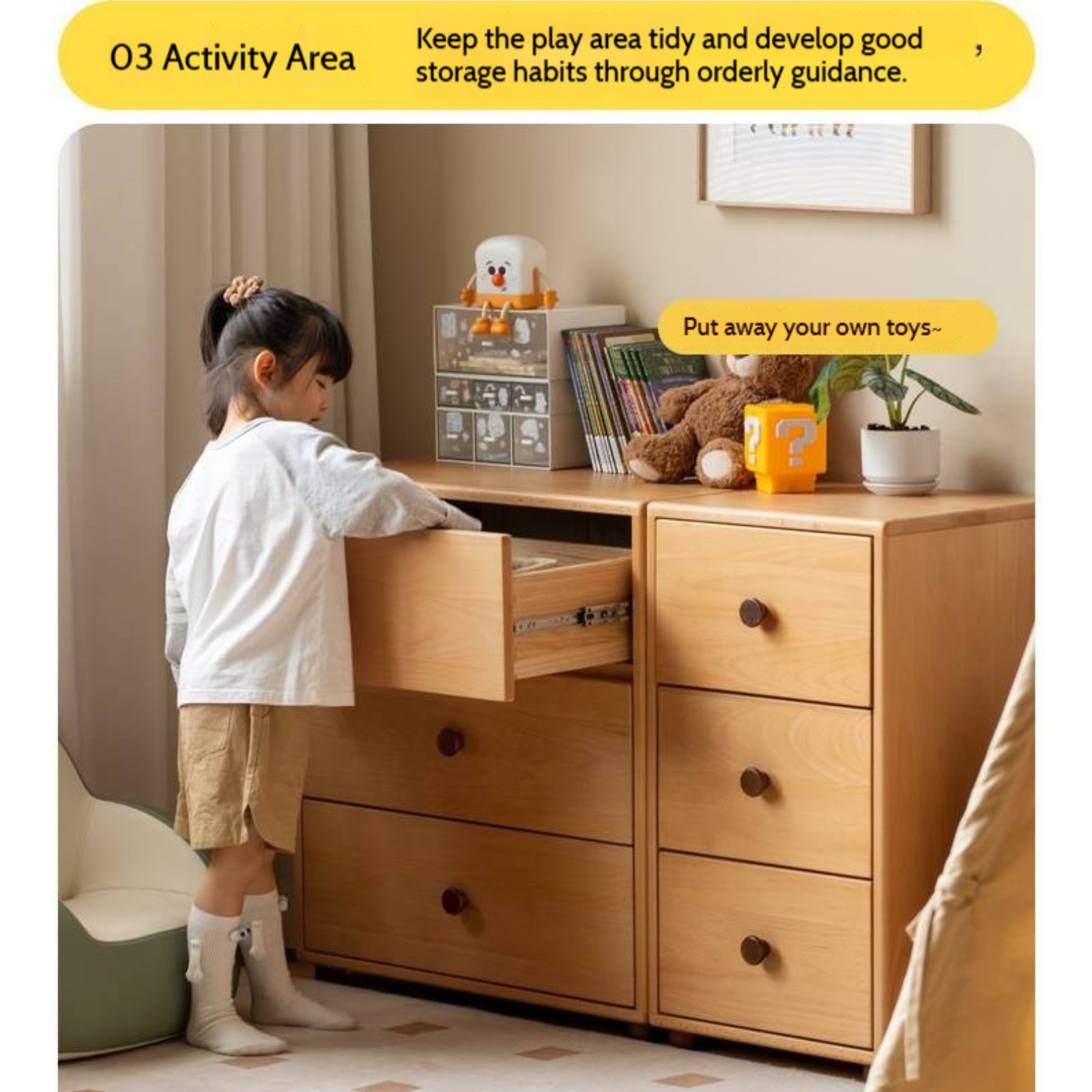 Solid Rubber Wood, Beech Solid Wood Nordic Style Children's Chest of Drawers