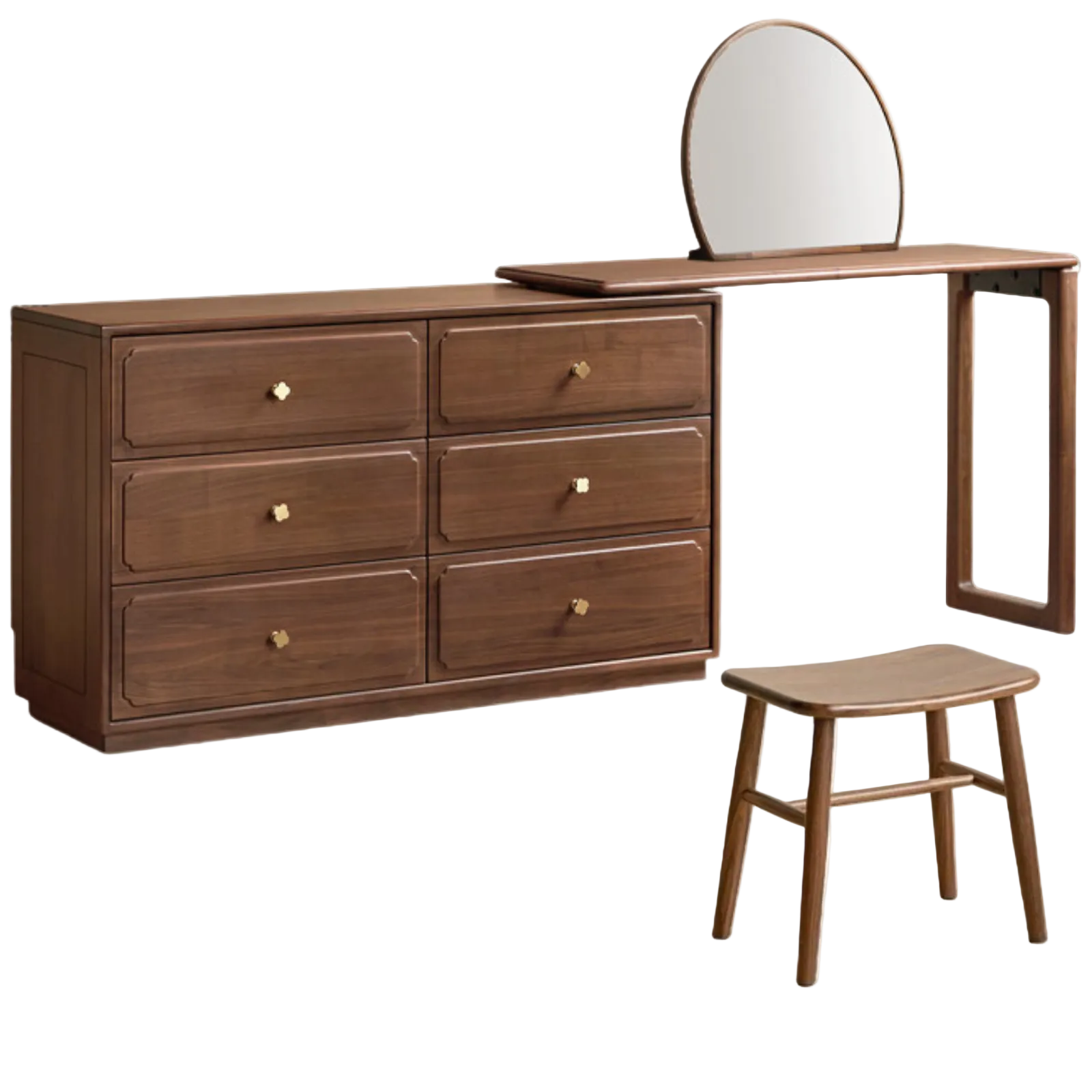 Black Walnut Solid Wood Dresser and Vanity Combo with Pull-Out Mirror Desk
