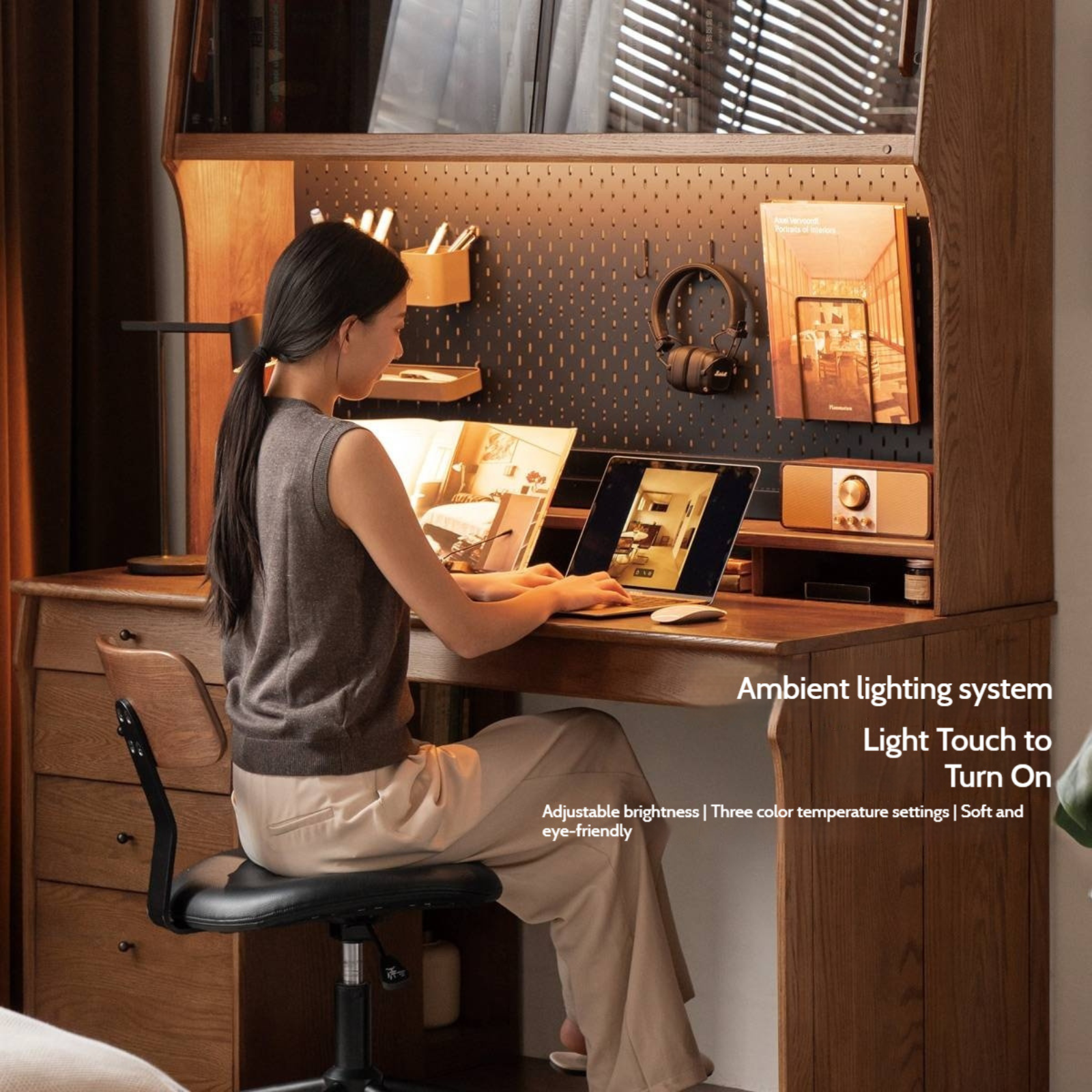 Oak Solid Wood Computer Desk With Shelf