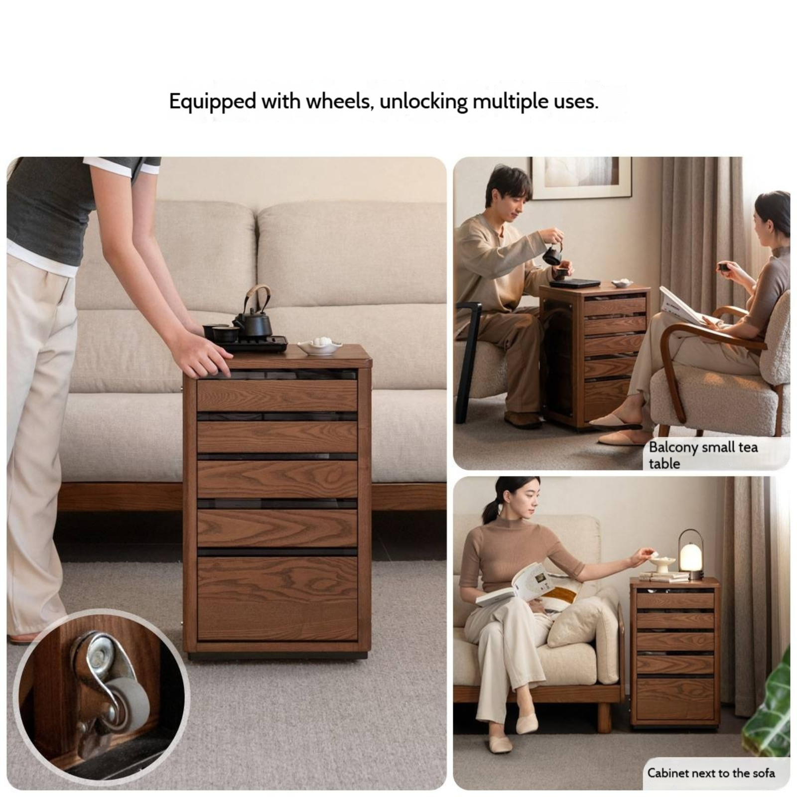 Ash, Black Walnut Solid Wood Mobile Kettle Integrated Tea Cabinet