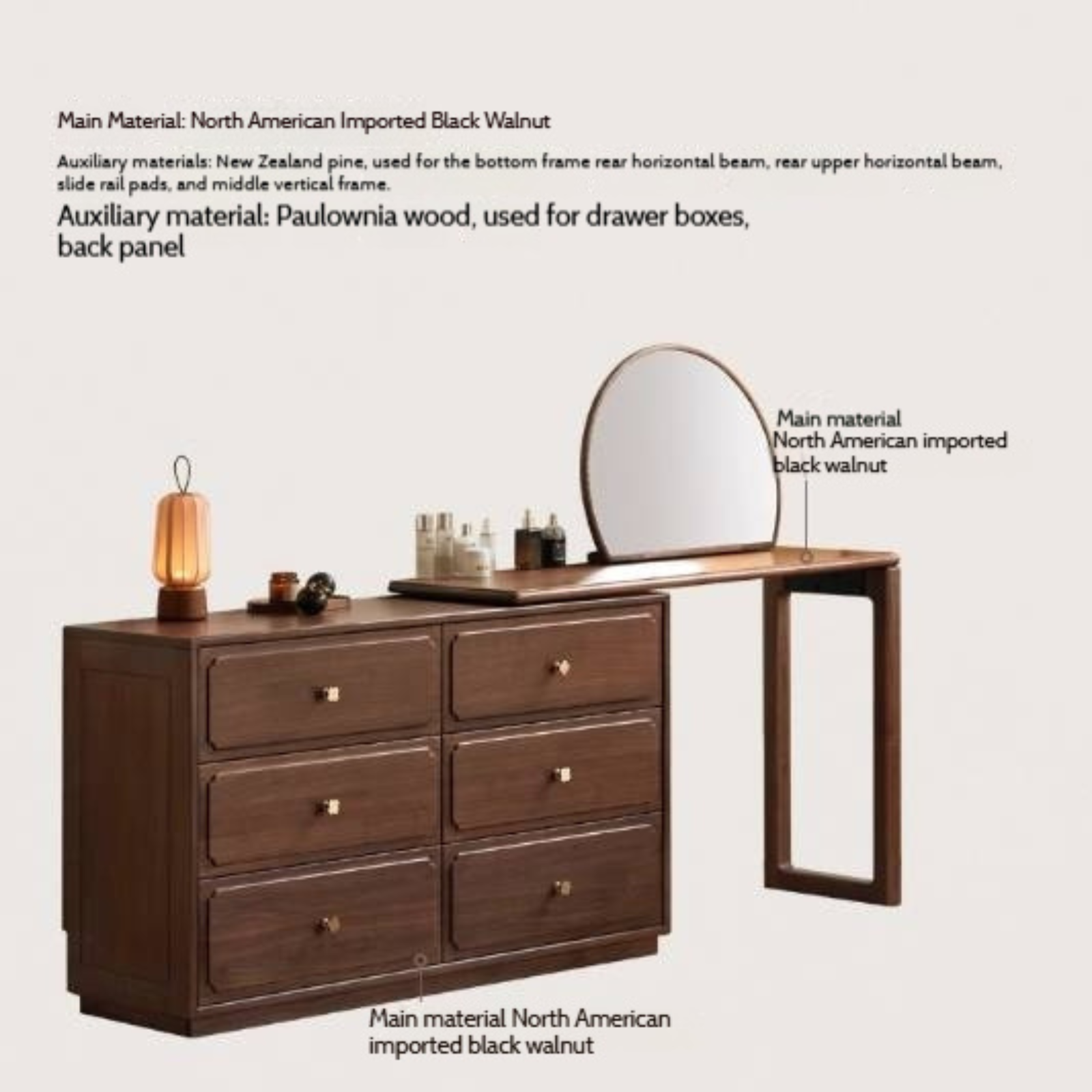 Black Walnut Solid Wood Rotating Vanity Table.