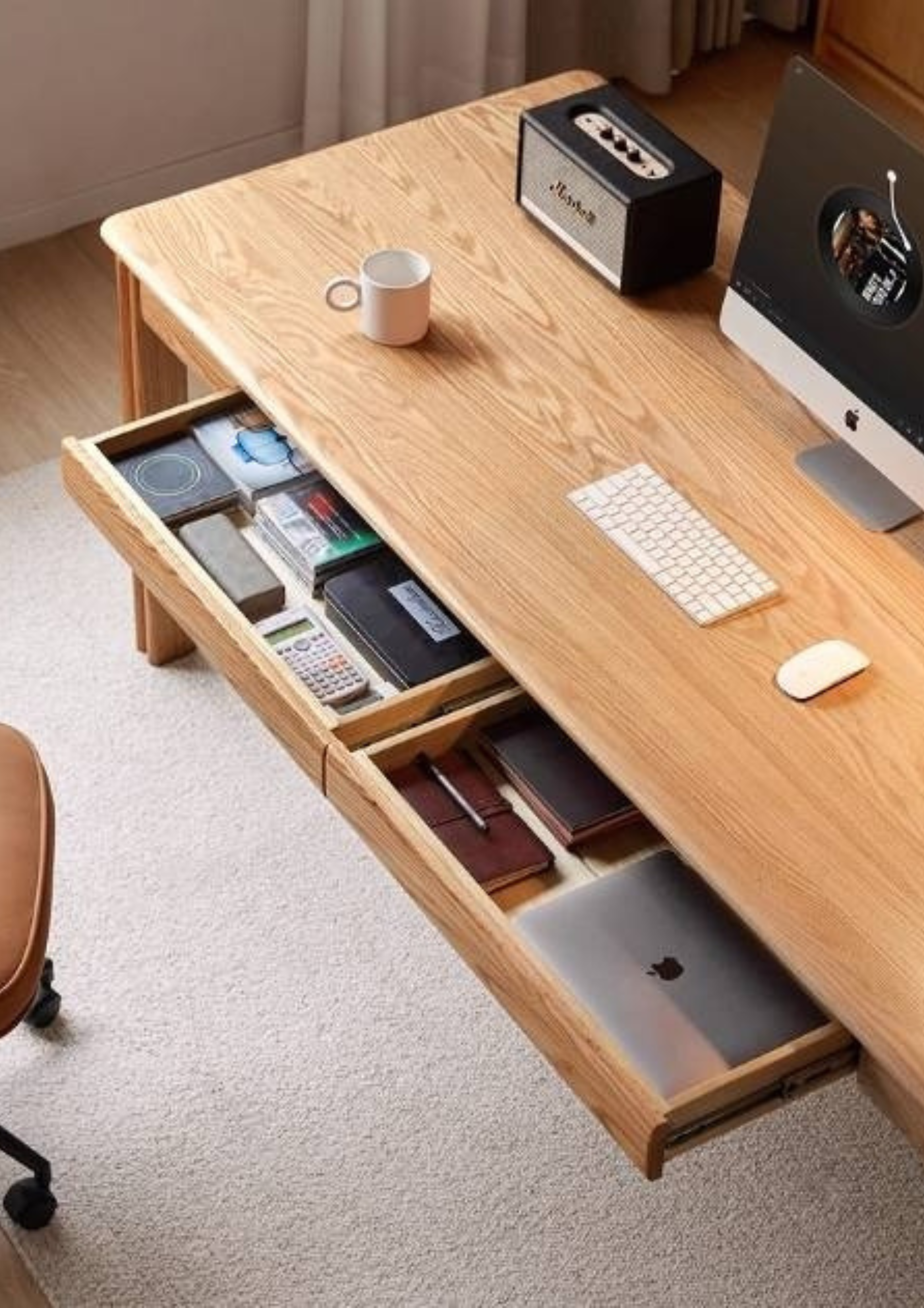 Oak, Ash Solid Wood Modern Minimalist Office Desk with Drawers
