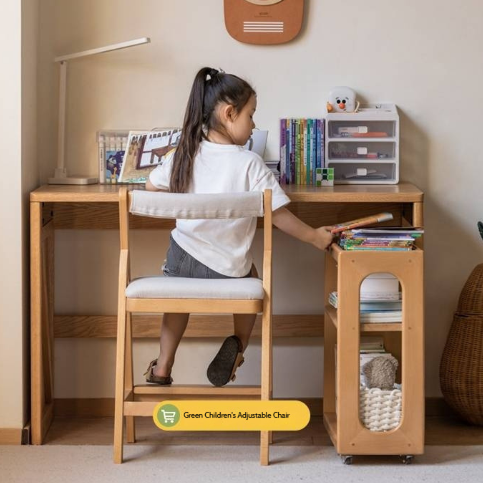 Beech Solid Wood Movable Children's Montessori Under-Table Bookshelf with Wheels