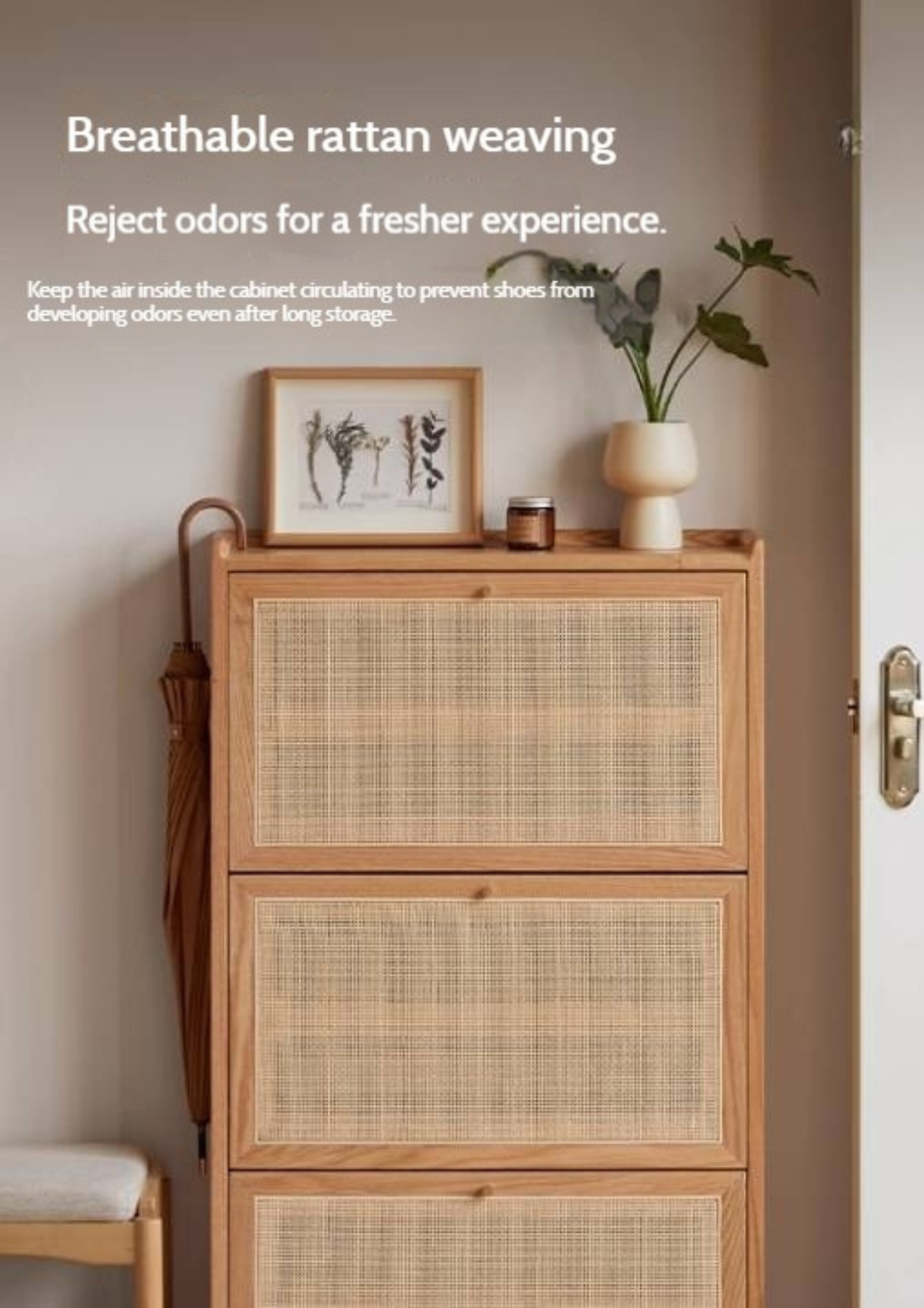 Oak Solid Wood Ultra-Thin Flap Door Rattan Shoe Cabinet