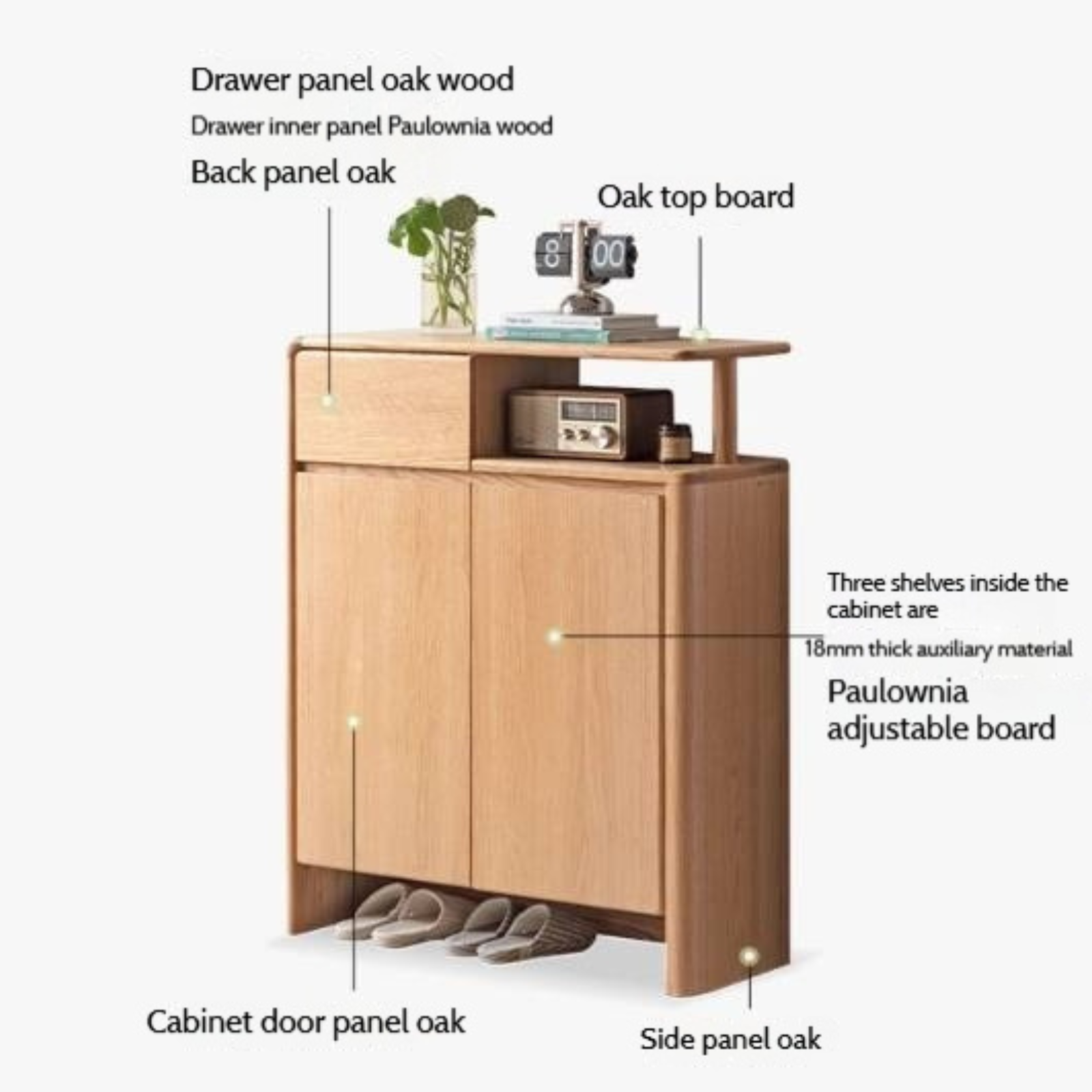 Oak, Solid Rubber Wood Partition Shoe Cabinet