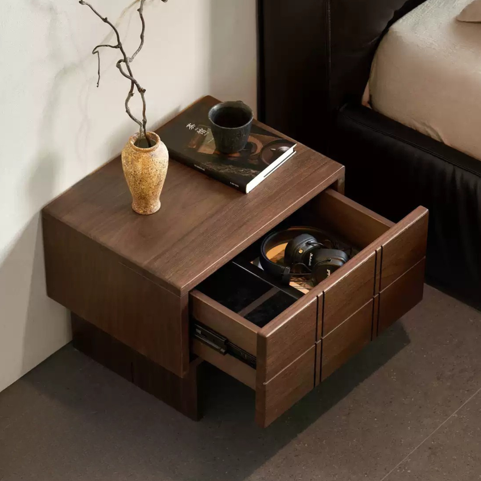 Black Walnut, Oak Wood Wabi-Sabi Style Nightstand